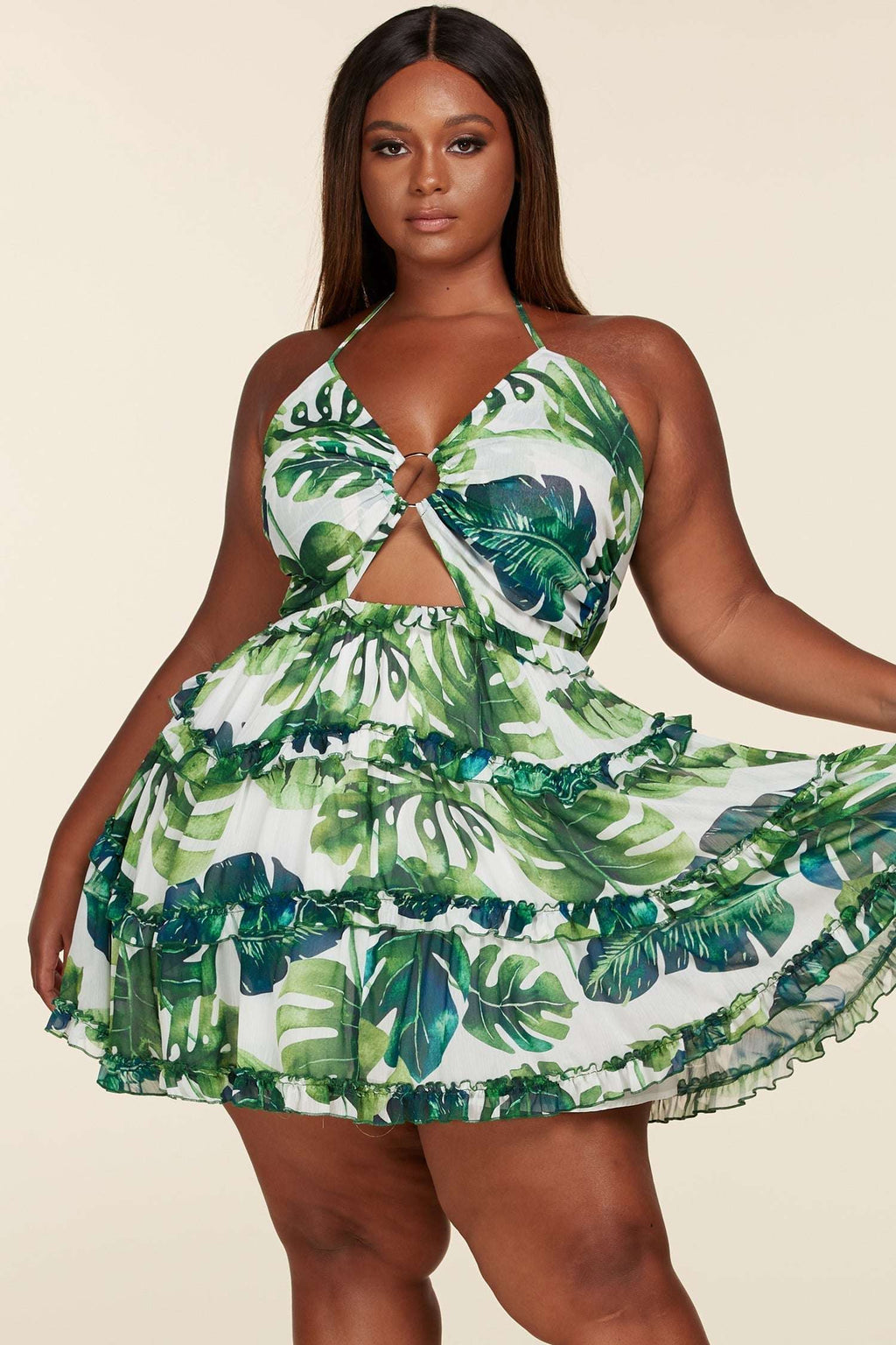 Fasheabe Leaf Print O-ring Mini Dress