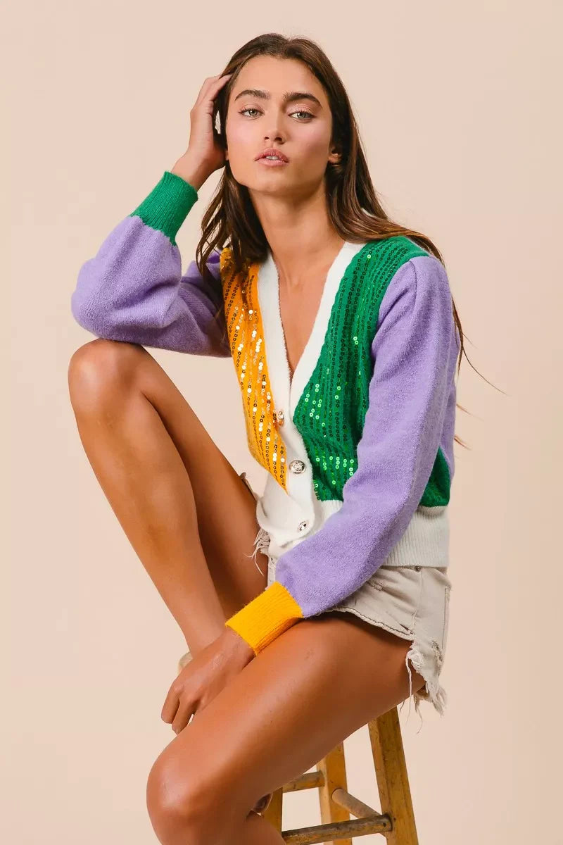 BiBi Mardi Gras Color Block Sequin Sweater Cardigan
