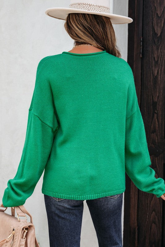 Solid Knit Button-Up Drop Shoulder Sweater Cardiga