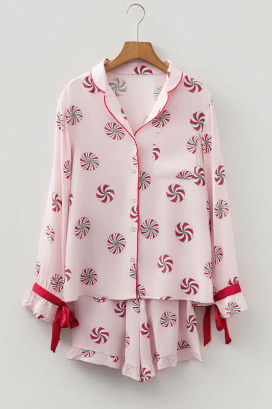 Christmas Bow Top and Ruffle Shorts Pajama Set