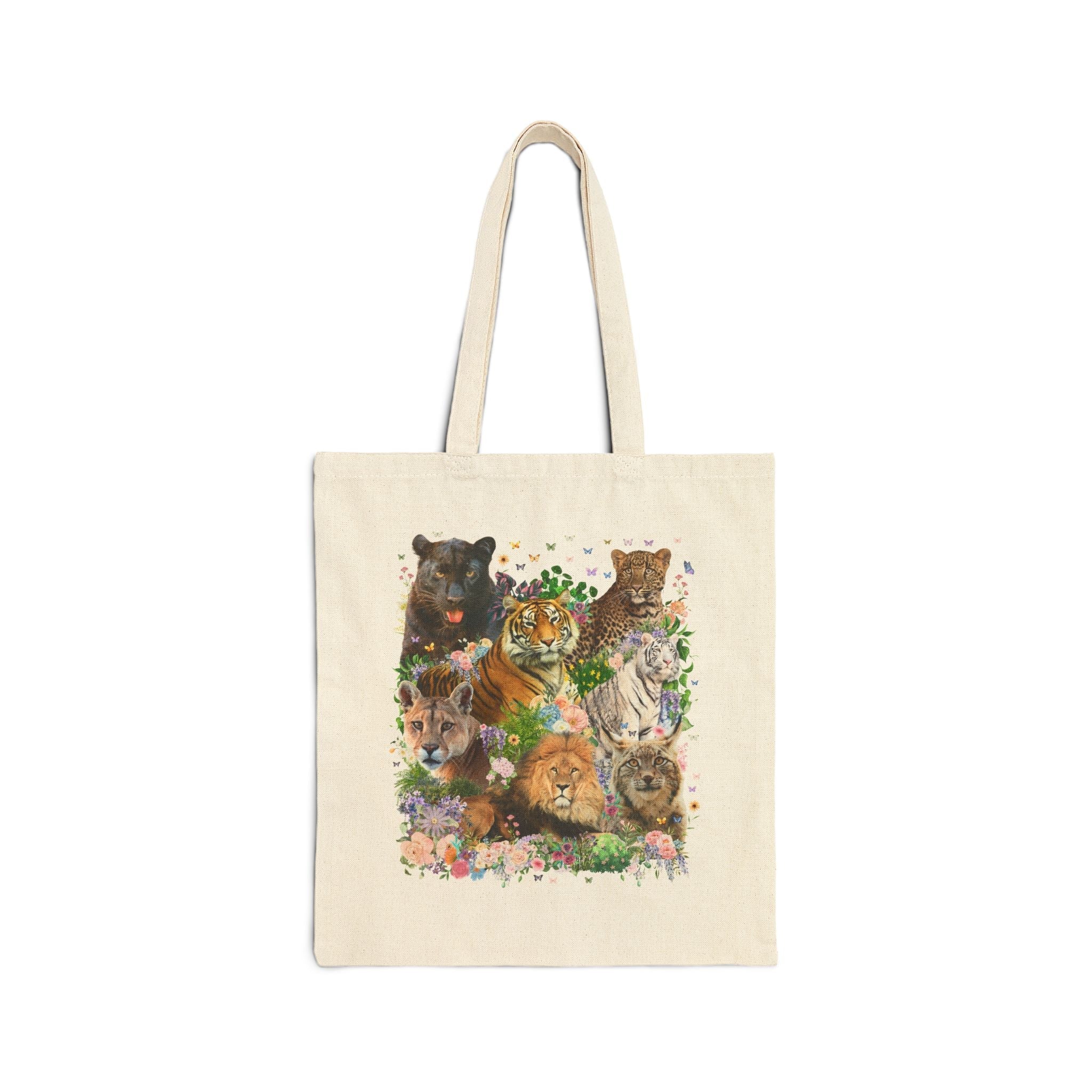 Floral Big Cat Collage Tote Bag with Butterflies
