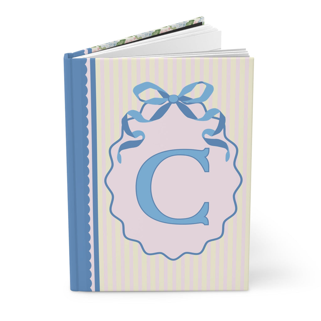 Floral Initial Notebook with Blue Ribbon and Yellow Stripes: C
