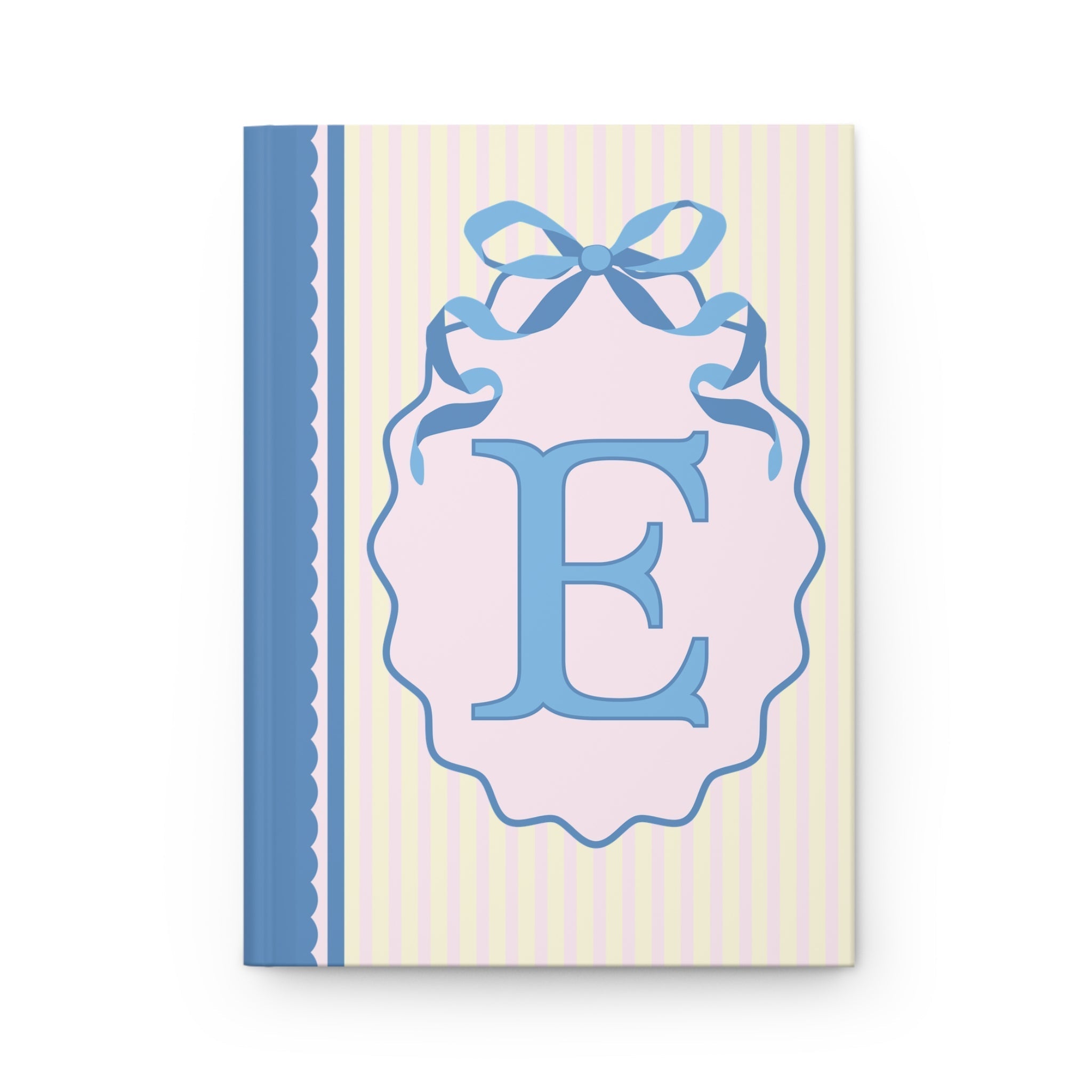 Floral Initial Notebook with Blue Ribbon and Yellow Stripes: E