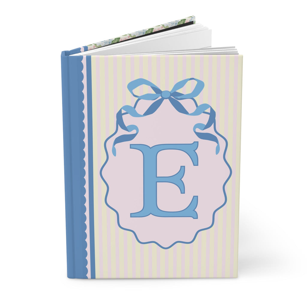 Floral Initial Notebook with Blue Ribbon and Yellow Stripes: E