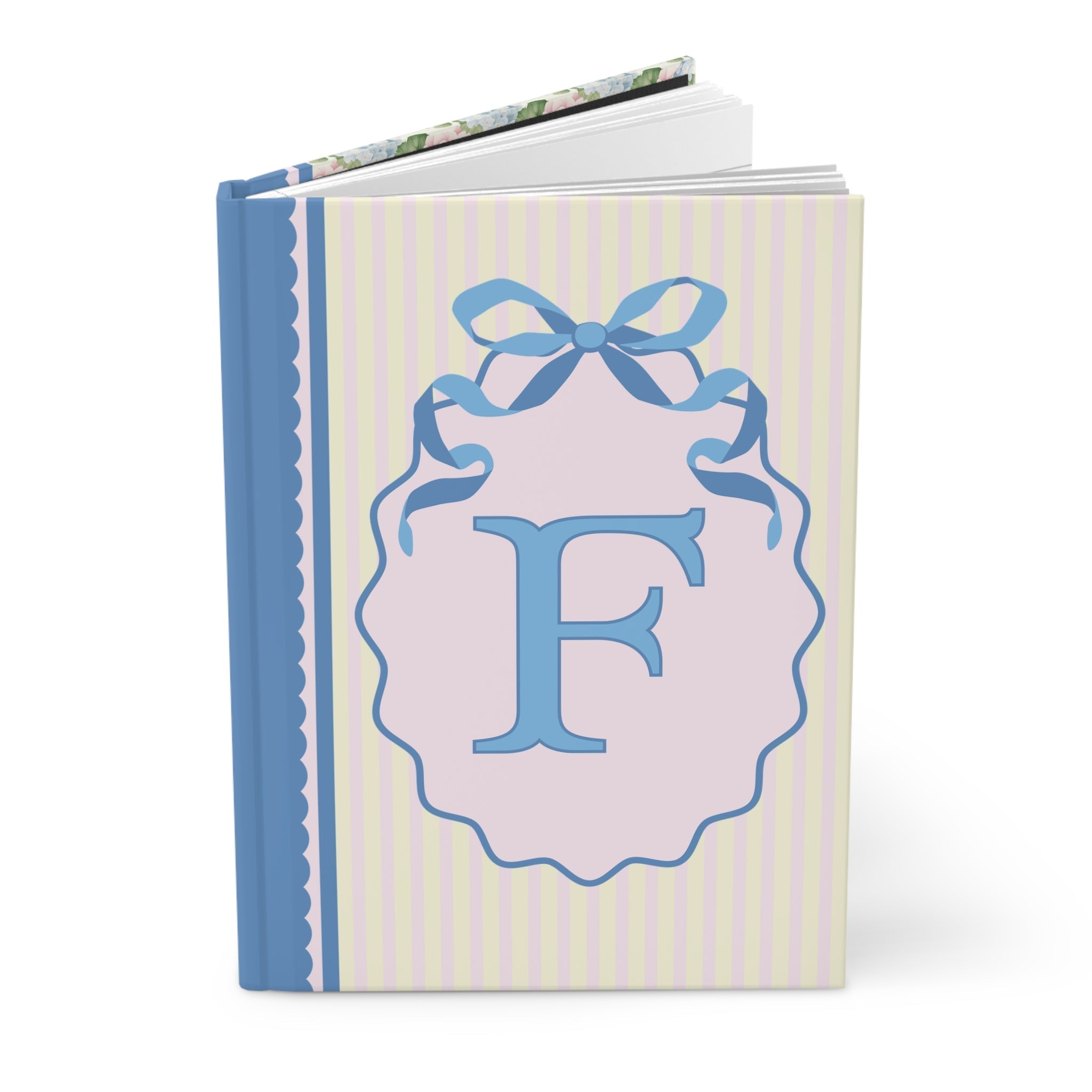 Floral Initial Notebook with Blue Ribbon and Yellow Stripes: F