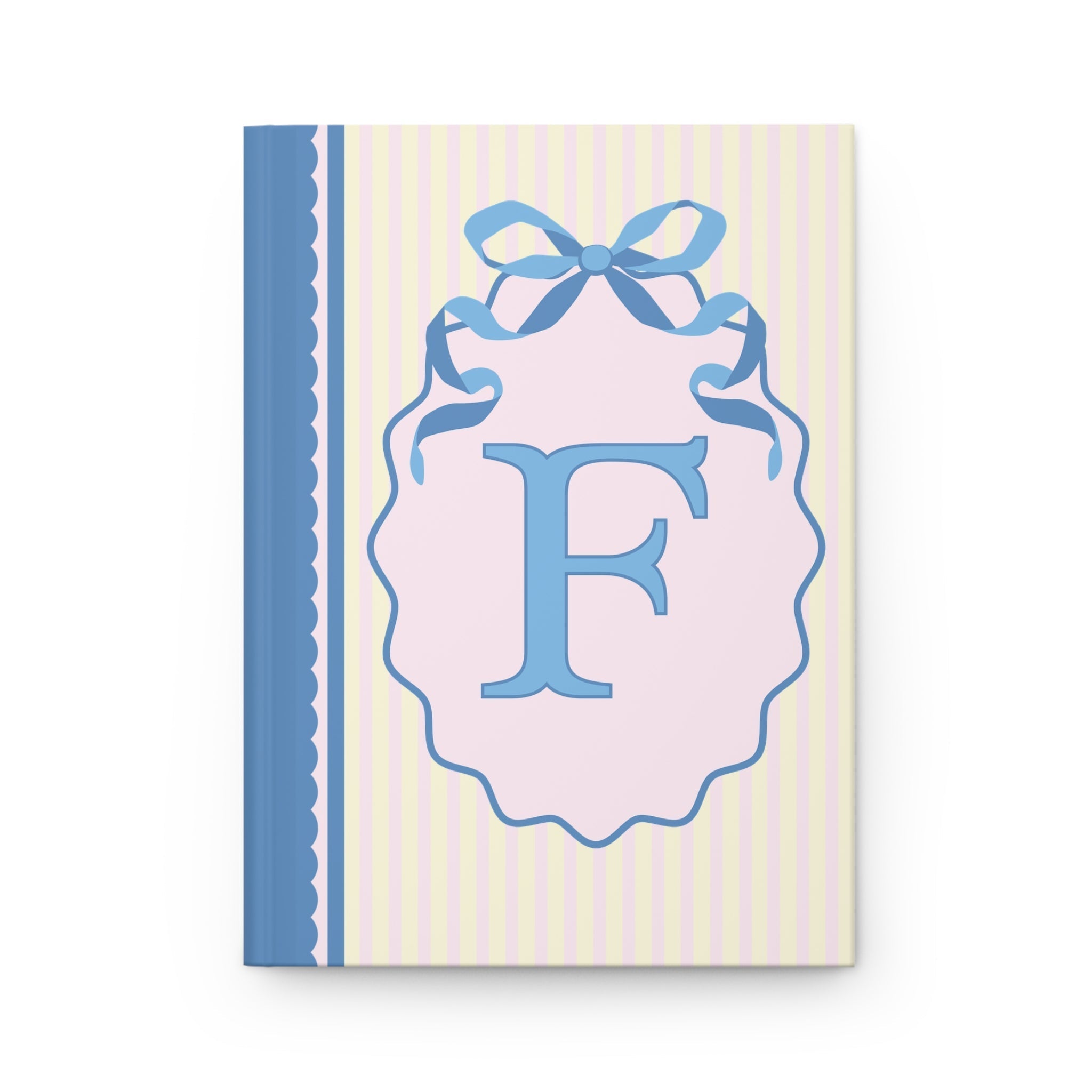 Floral Initial Notebook with Blue Ribbon and Yellow Stripes: F