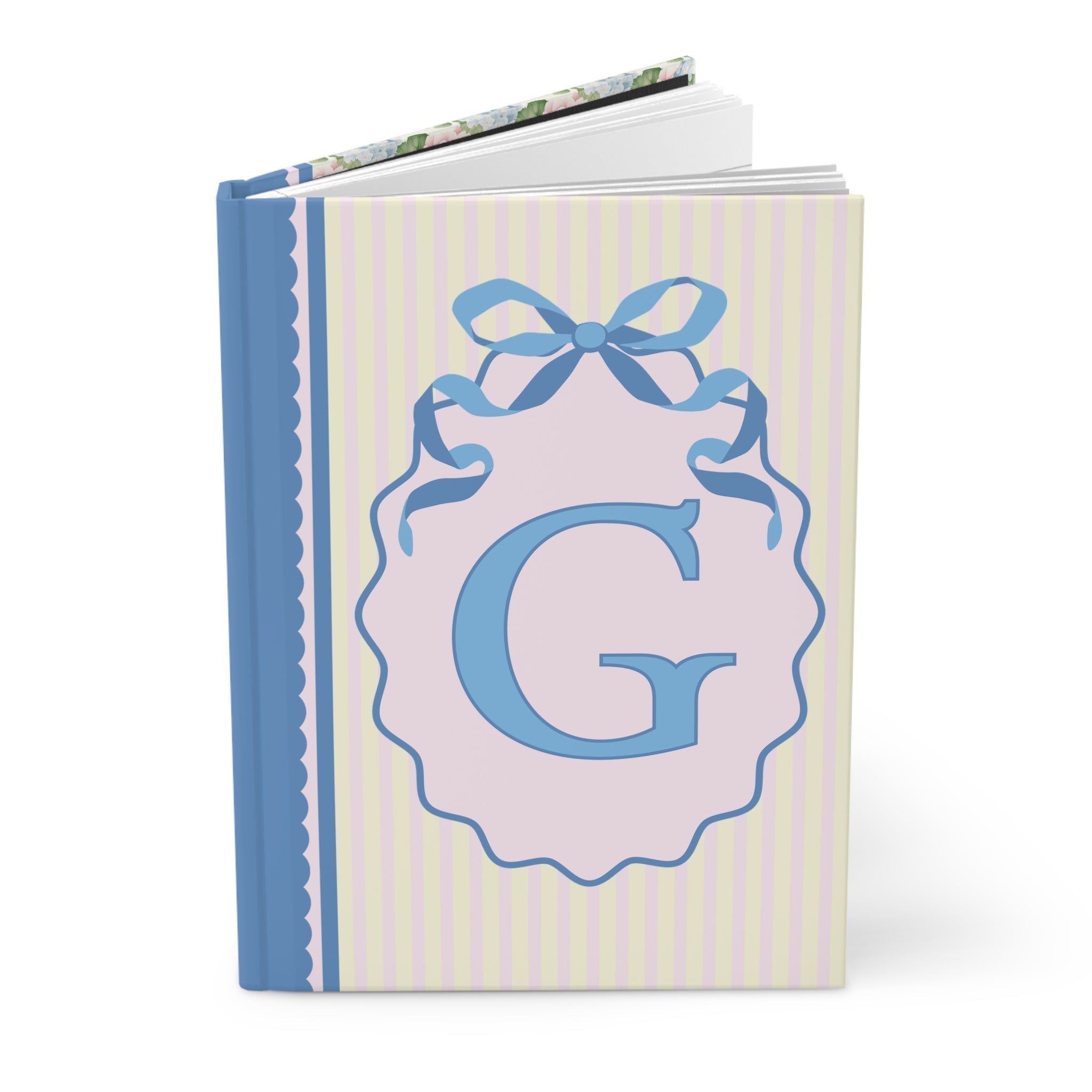 Floral Initial Notebook with Blue Ribbon and Yellow Stripes: G