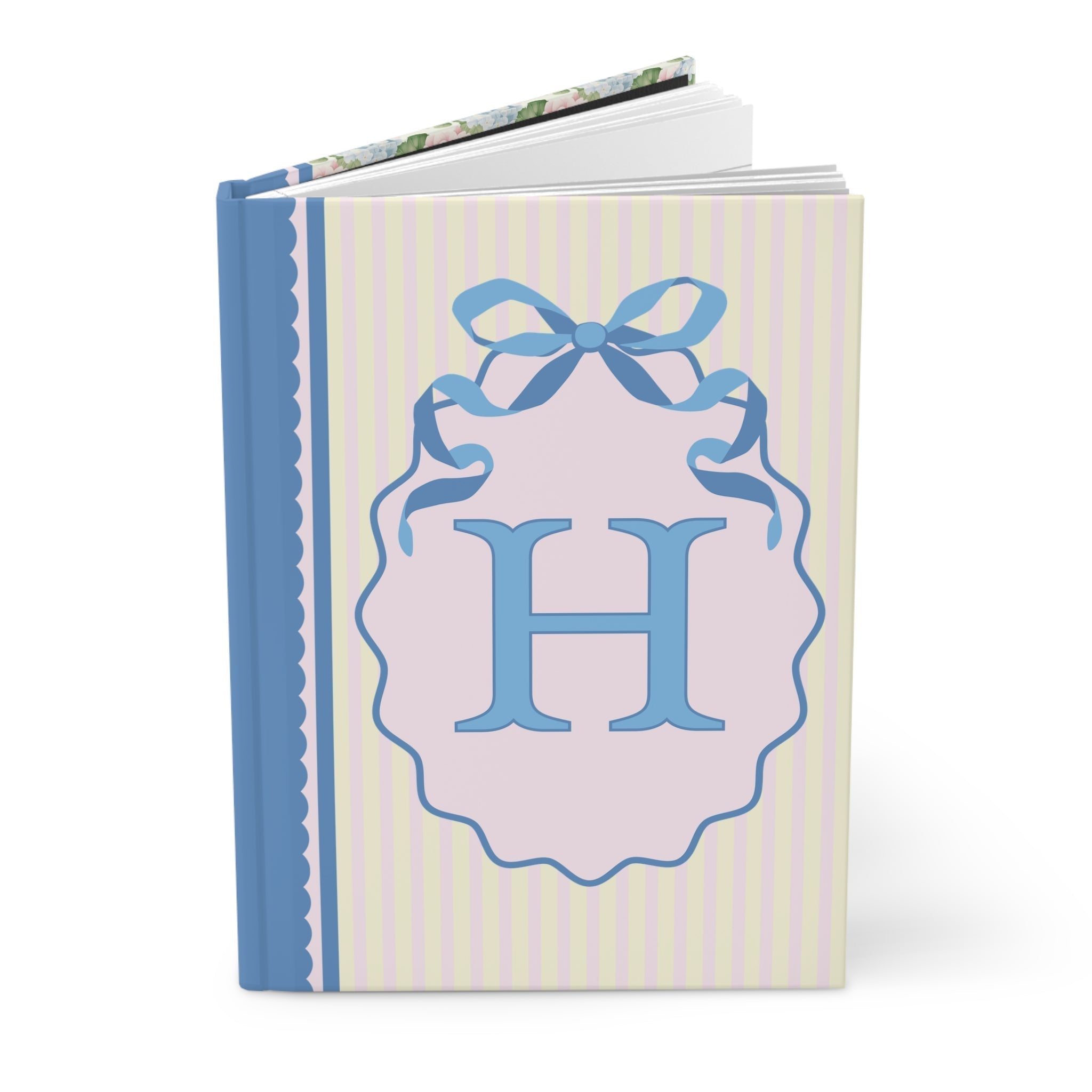Floral Initial Notebook with Blue Ribbon and Yellow Stripes: H