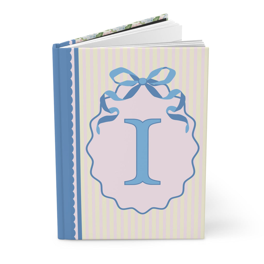 Floral Initial Notebook with Butterflies and Ribbon, Pastel Striped Hardcover Notebook with Flowers: I