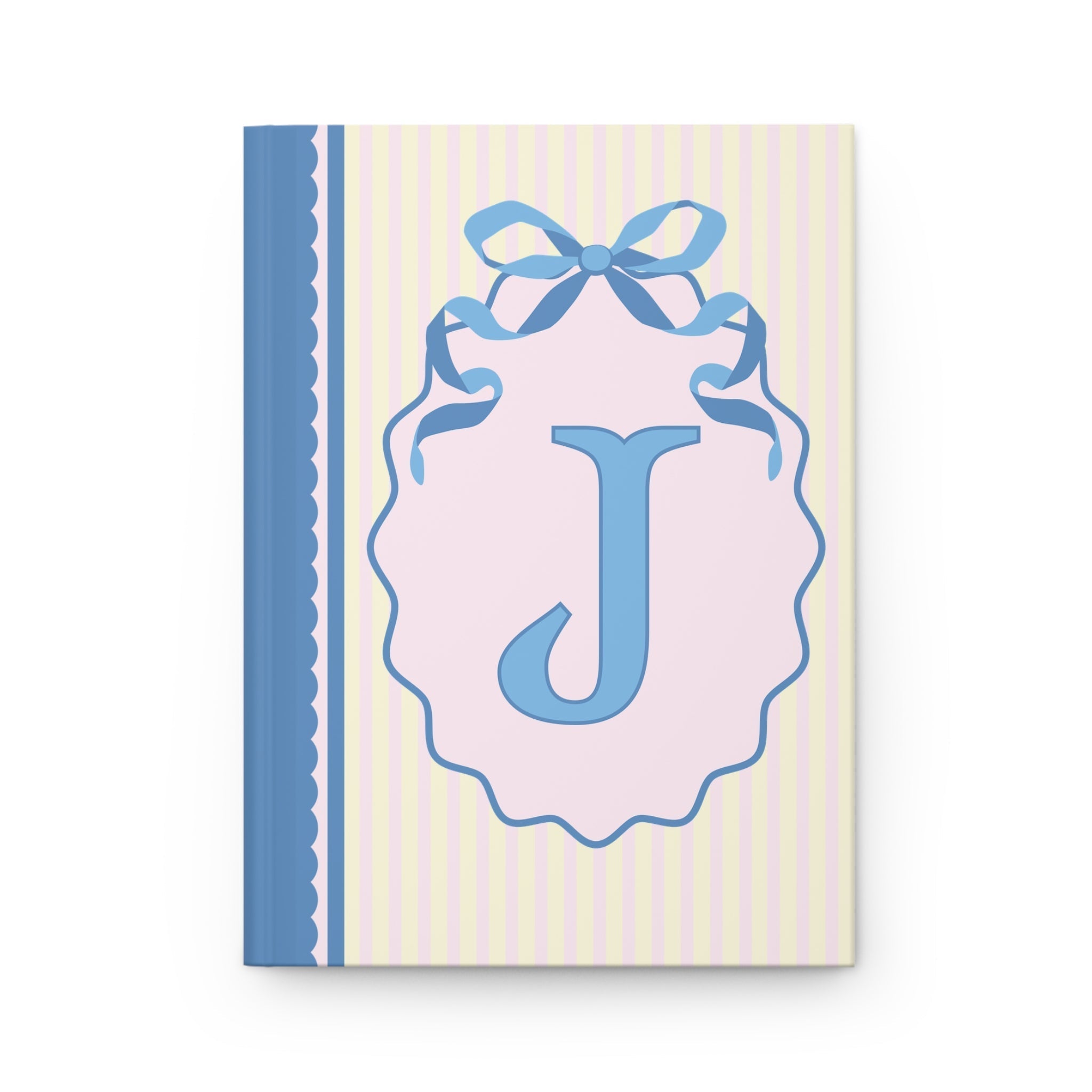 Floral Initial Notebook with Blue Ribbon and Yellow Stripes: J