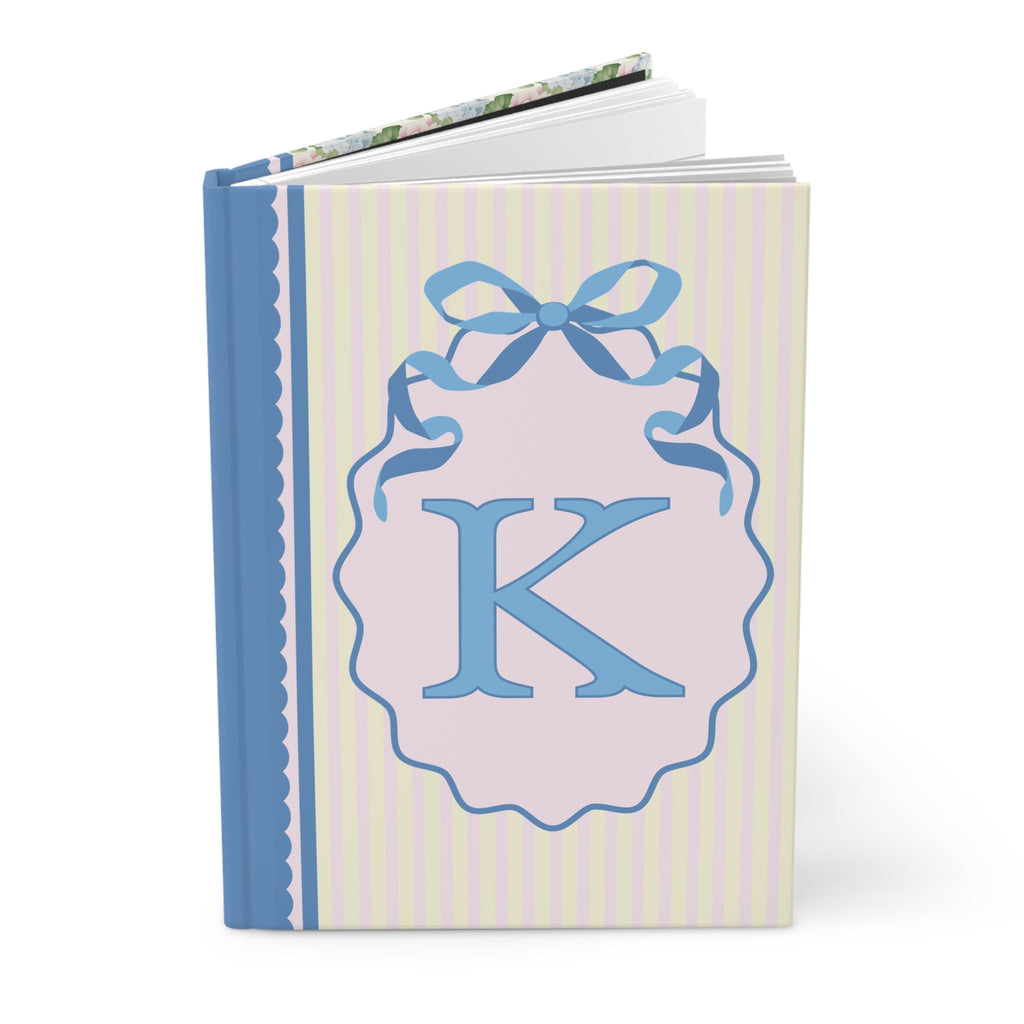 Floral Initial Notebook with Blue Ribbon and Yellow Stripes: K