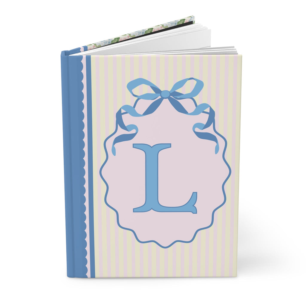 Floral Initial Notebook with Blue Ribbon and Yellow Stripes: L
