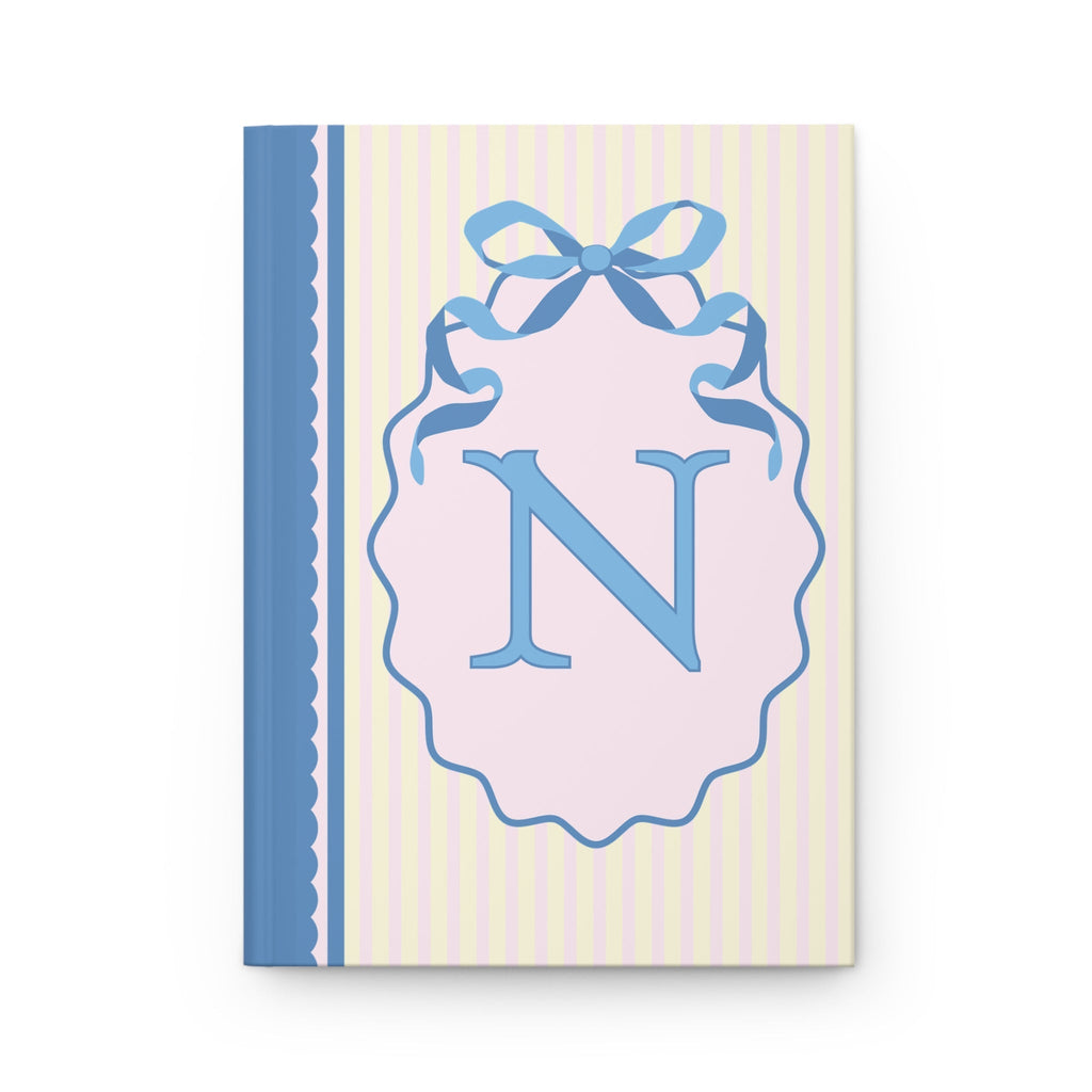 Floral Initial Notebook with Blue Ribbon and Yellow Stripes: N