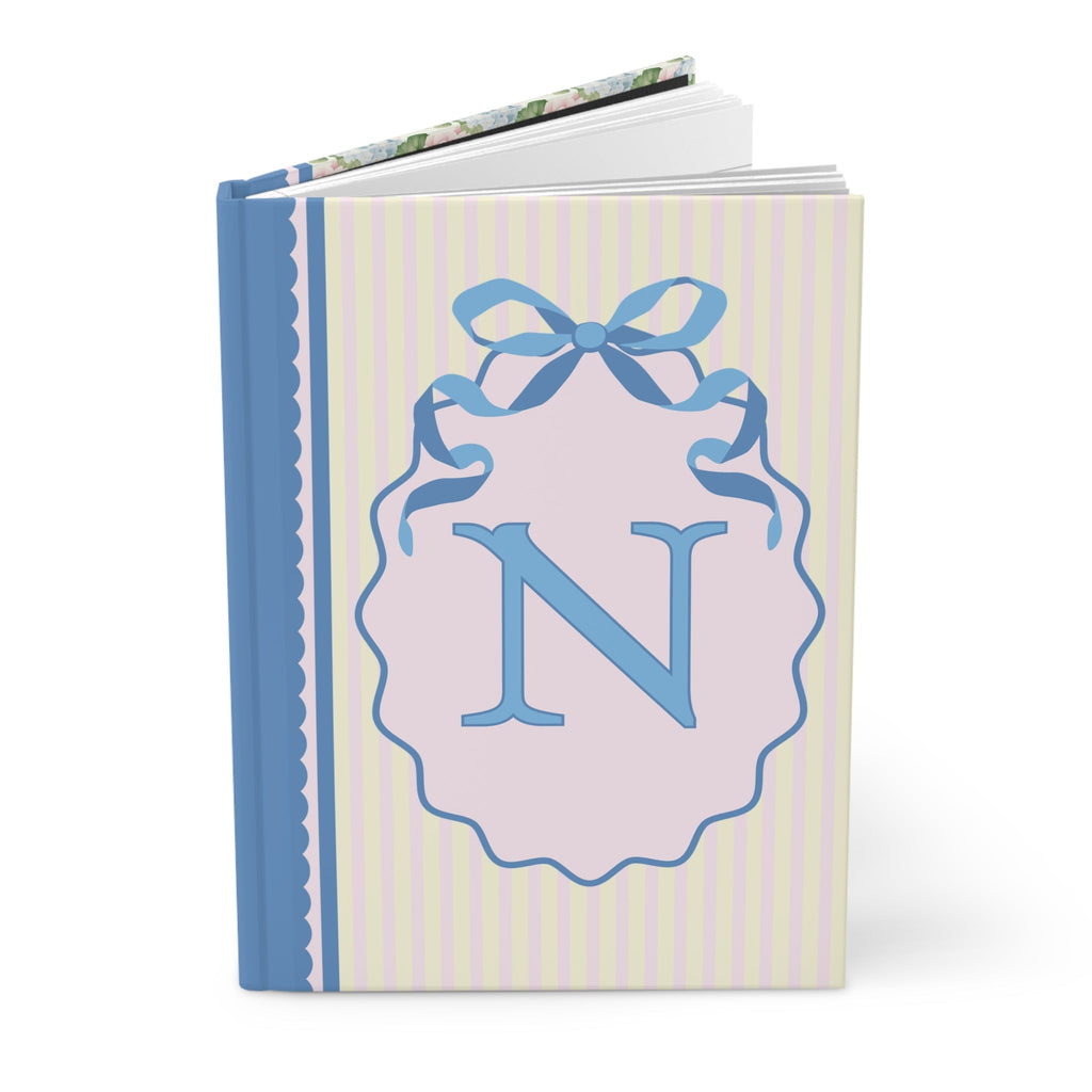 Floral Initial Notebook with Blue Ribbon and Yellow Stripes: N