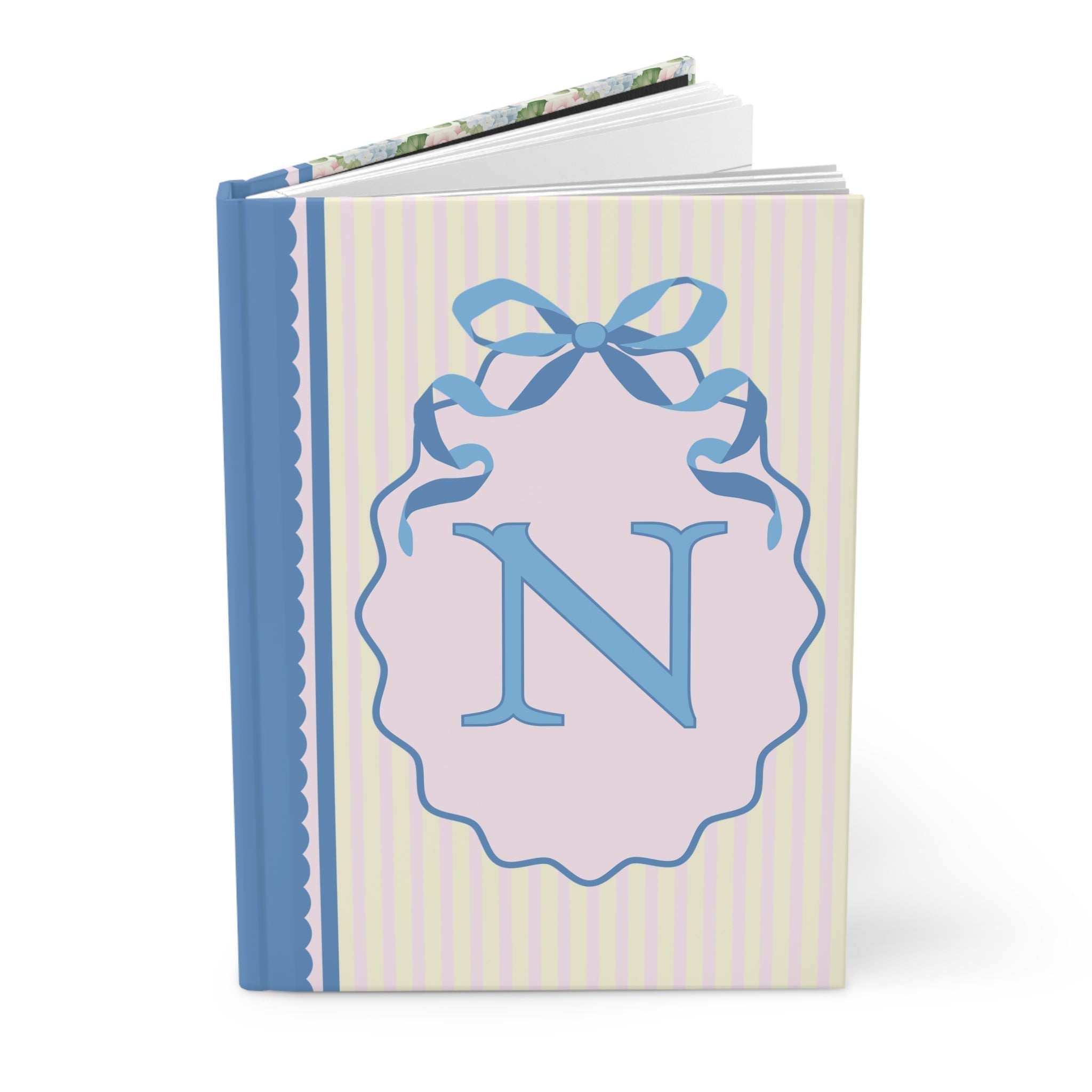 Floral Initial Notebook with Blue Ribbon and Yellow Stripes: N