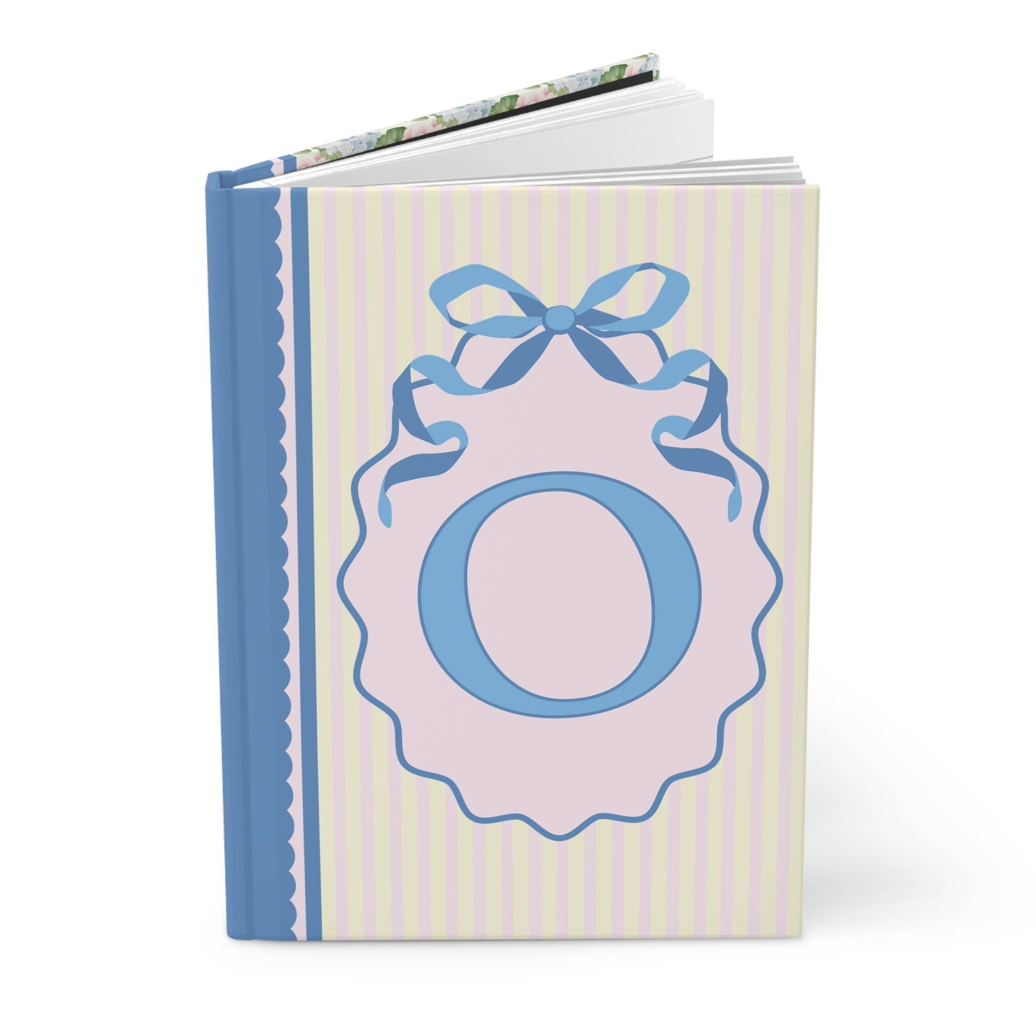 Floral Initial Notebook with Blue Ribbon and Yellow Stripes: O