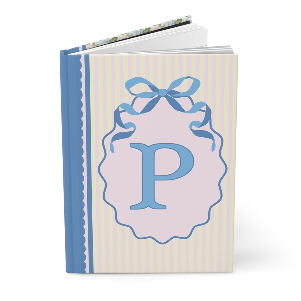 Floral Initial Notebook with Butterflies and Ribbon, Pastel Striped Hardcover Notebook with Flowers: P