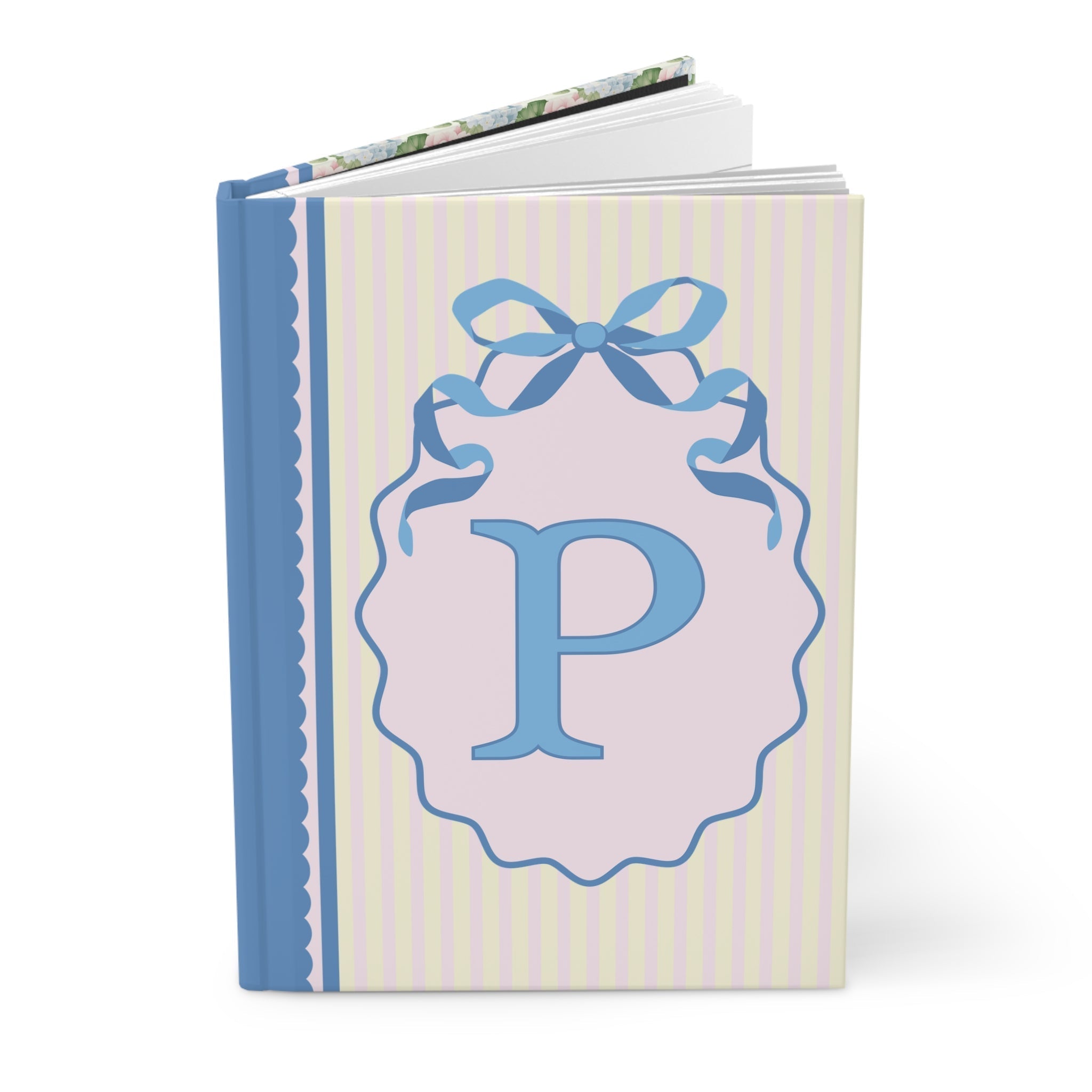 Floral Initial Notebook with Butterflies and Ribbon, Pastel Striped Hardcover Notebook with Flowers: P