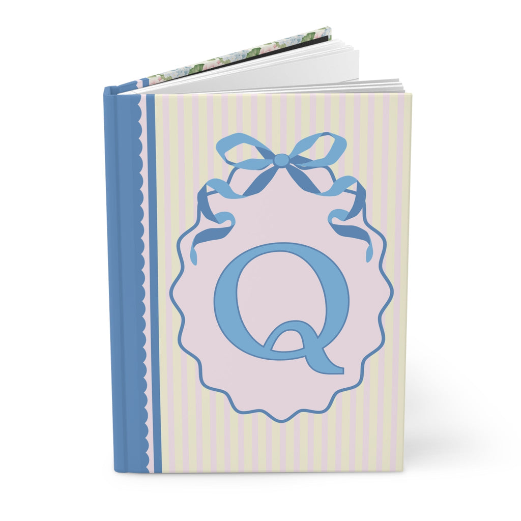 Floral Initial Notebook with Blue Ribbon and Yellow Stripes: Q