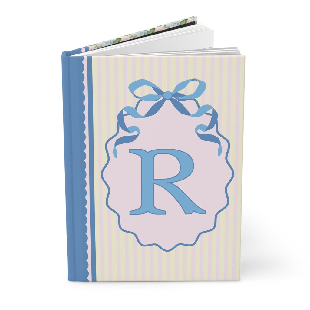 Floral Initial Notebook with Butterflies and Ribbon, Pastel Striped Hardcover Notebook with Flowers: R