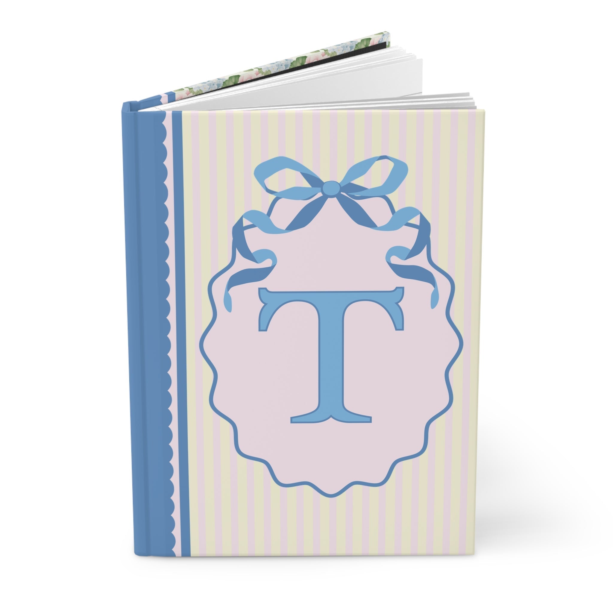 Floral Initial Notebook with Blue Ribbon and Yellow Stripes: T