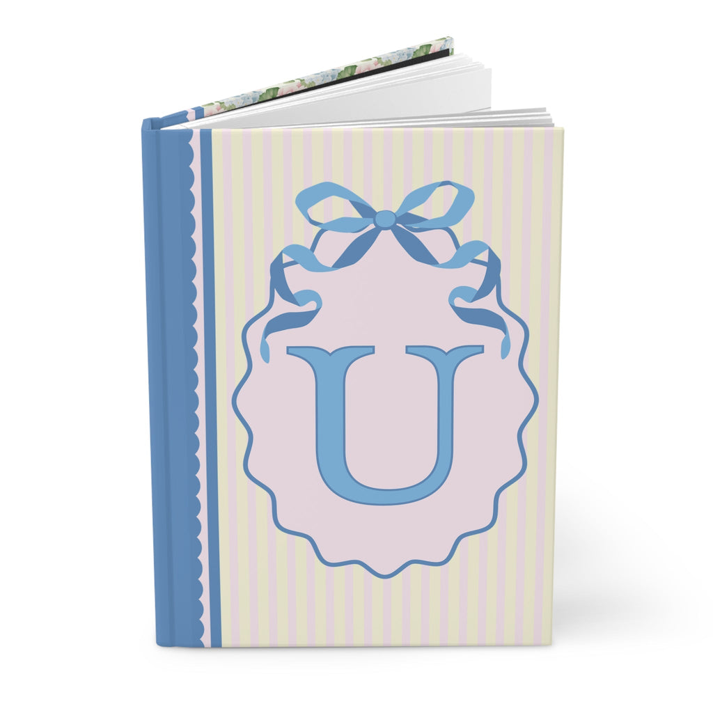 Floral Initial Notebook with Blue Ribbon and Yellow Stripes: U