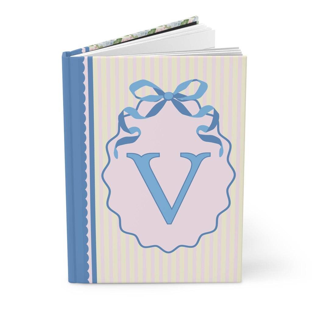 Floral Initial Notebook with Blue Ribbon and Yellow Stripes: V