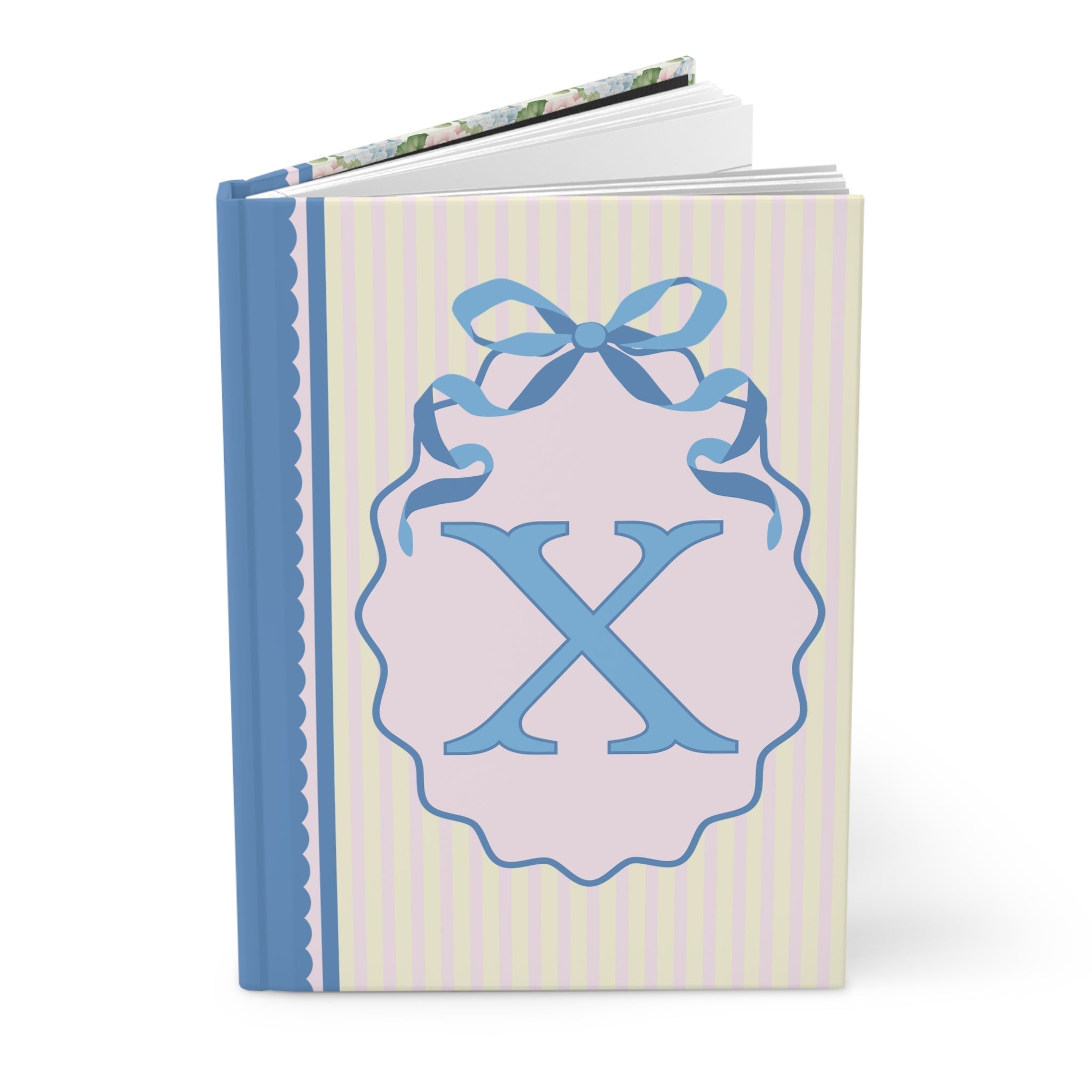 Floral Initial Notebook with Blue Ribbon and Yellow Stripes: X
