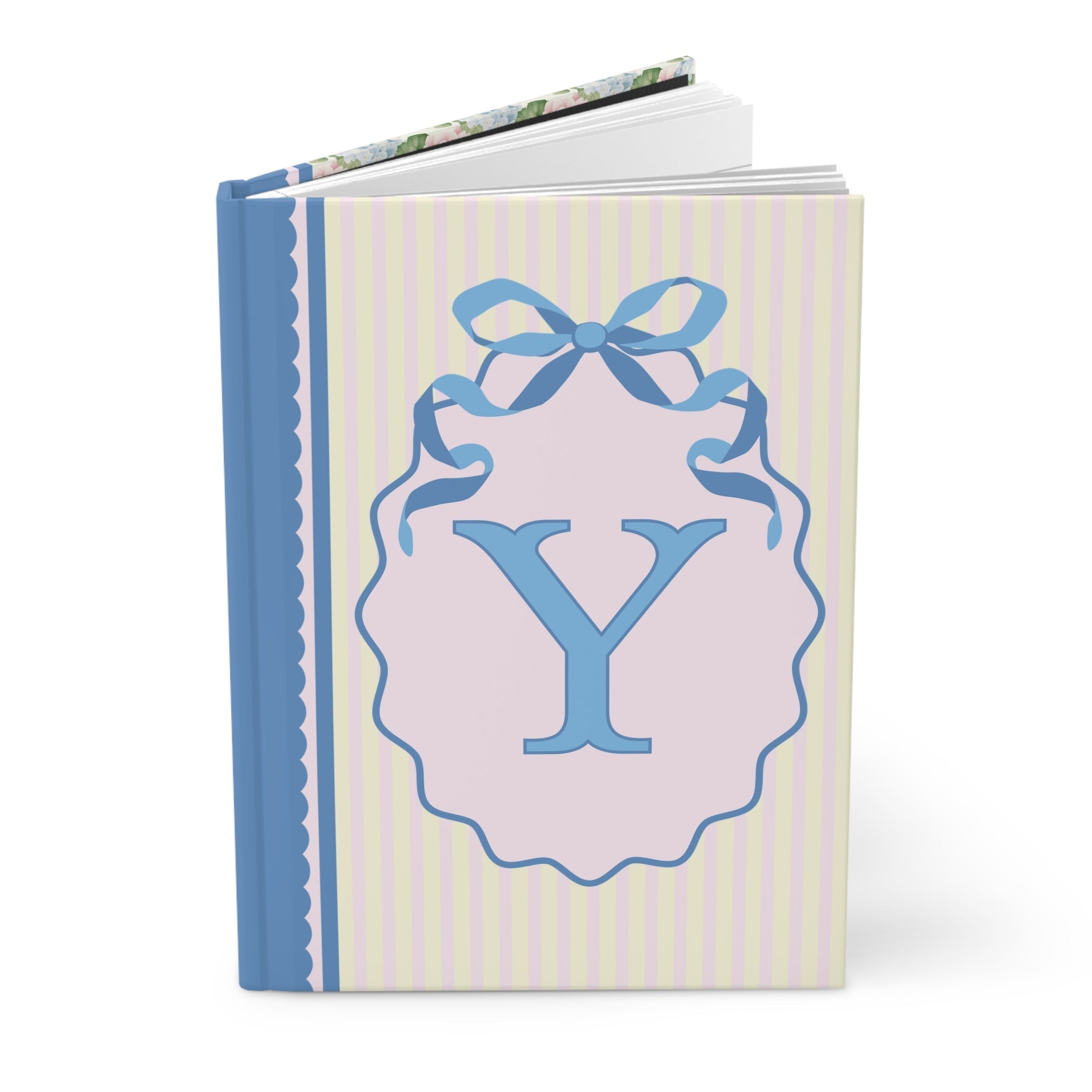 Floral Initial Notebook with Blue Ribbon and Yellow Stripes: Y