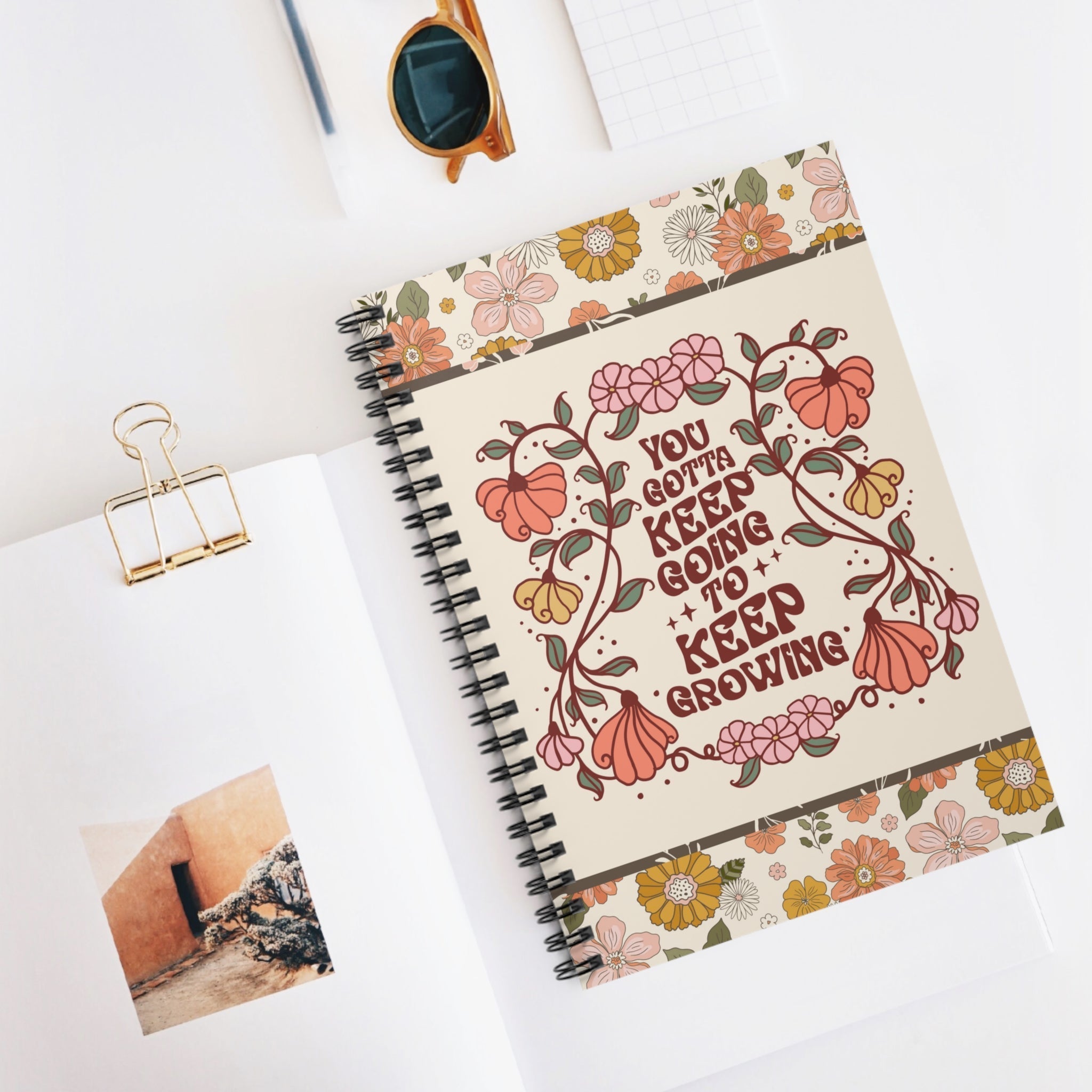 Floral Spiral Notebook with 70s Retro Aesthetic: Keep Going Keep Growing