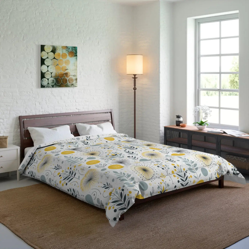 Chic Grey Pattern Comforter Floral Yellow Bedspread DipaliZ