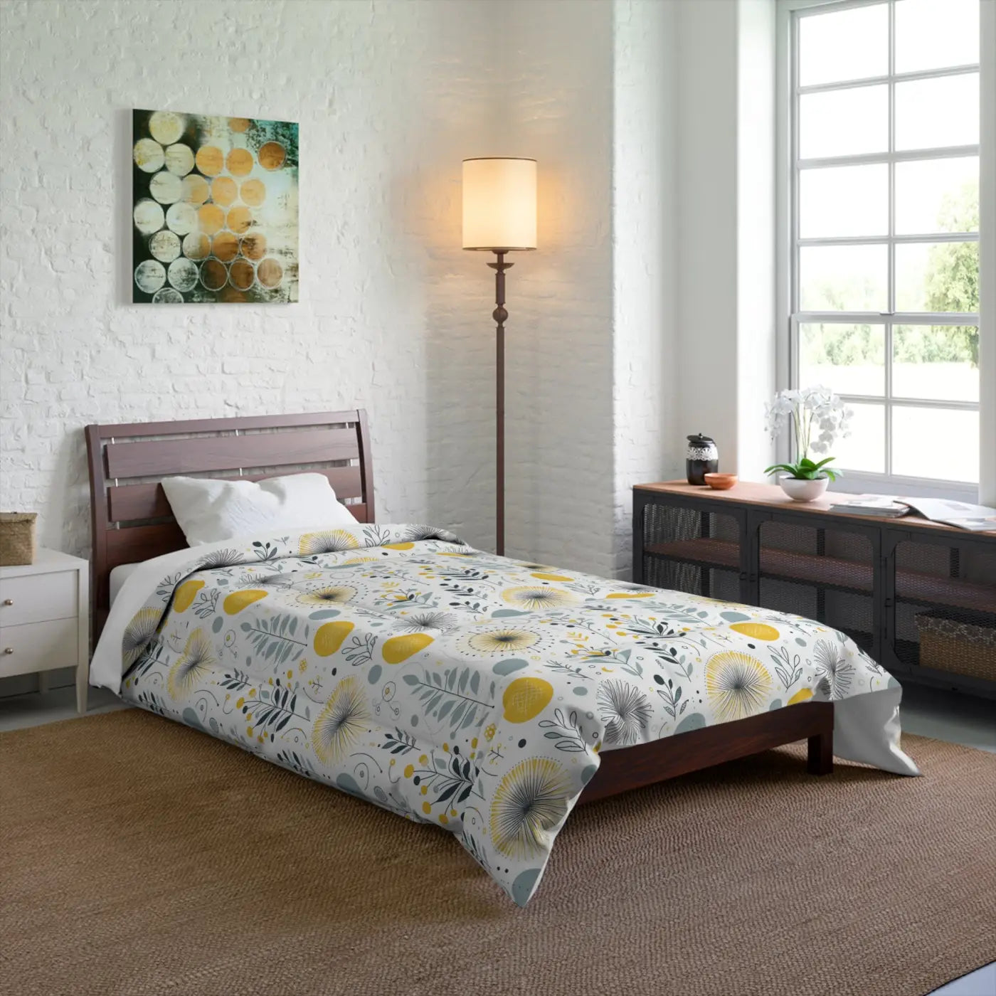 Chic Grey Pattern Comforter Floral Yellow Bedspread DipaliZ