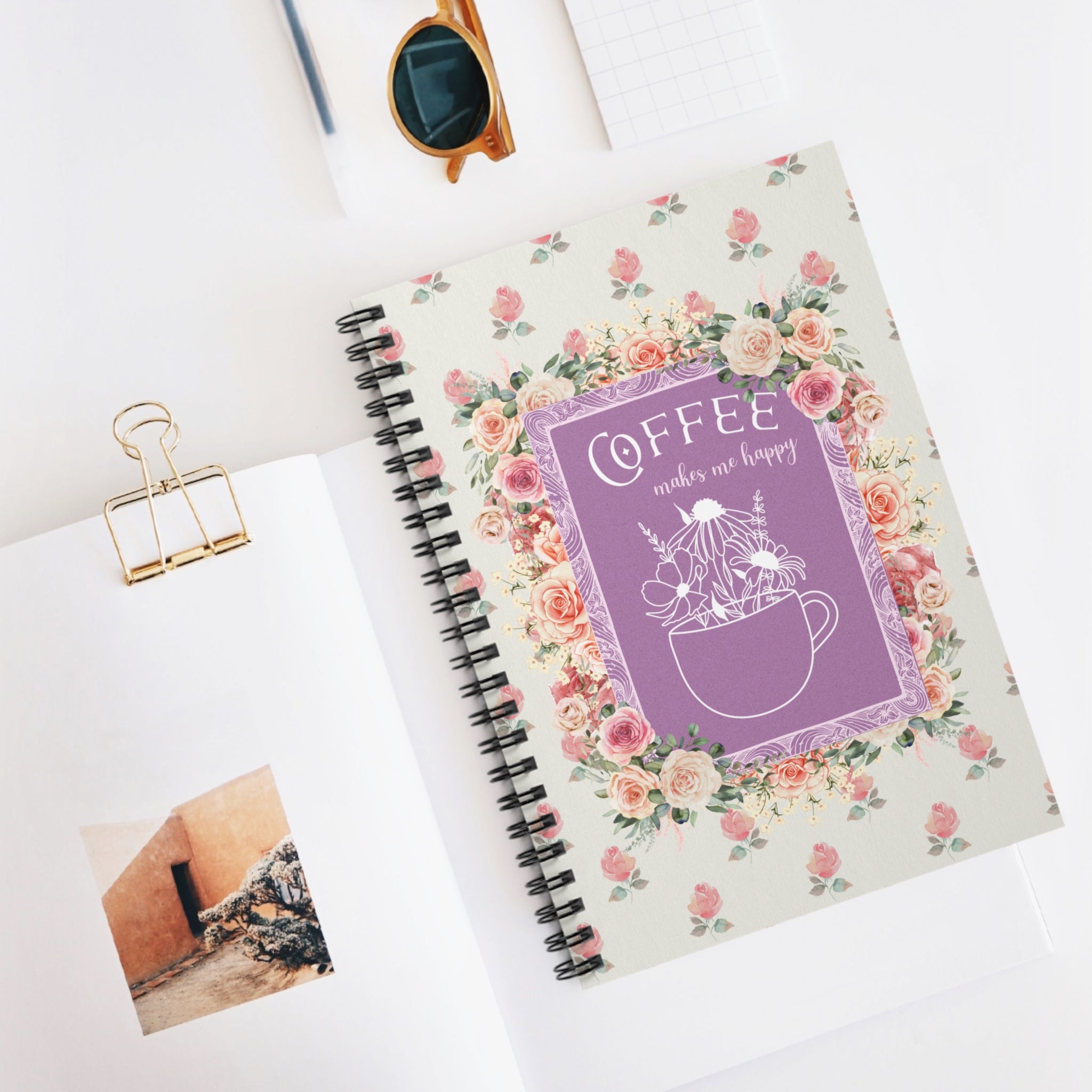 Funny Boho Coffee Lover Gift: 118 Page Spiral Notebook with Floral Cottagecore Vibe