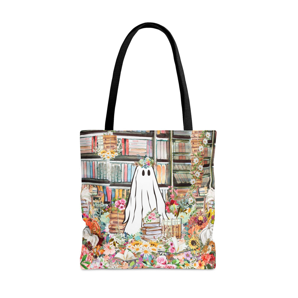 Funny Bookish Tote Bag for Halloween: Floral Ghost in Library