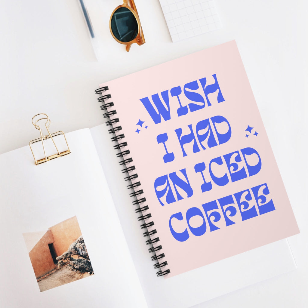 Funny Coffee Lover 118 Page Spiral Notebook with Cute Retro Stars and Pink Cover: Wish I Had An Iced Coffee | Writer or English Major Gift