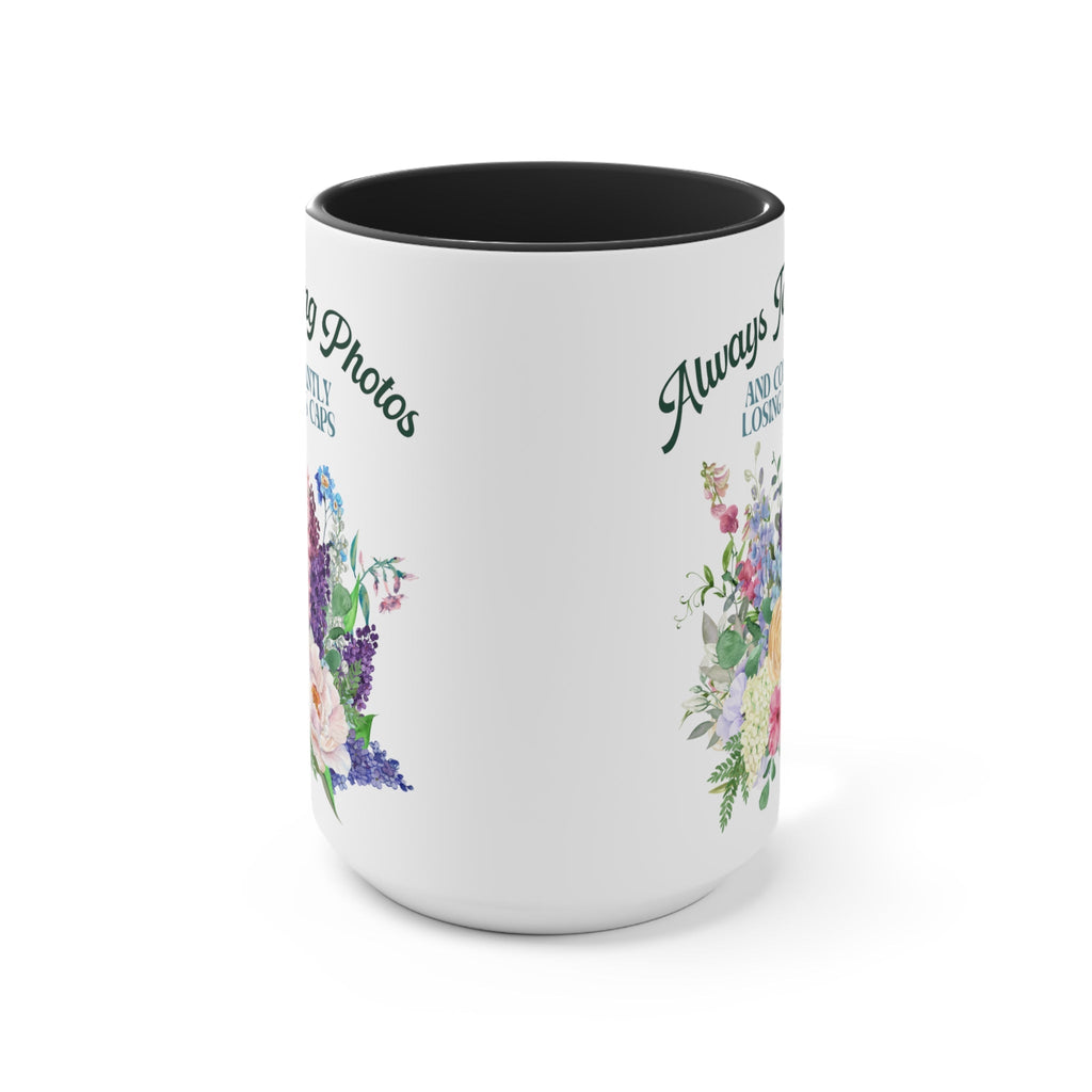 Gift for Photographer: 15 Oz Coffee Mug with Funny Saying | Always Taking Photos and Losing Lens Caps