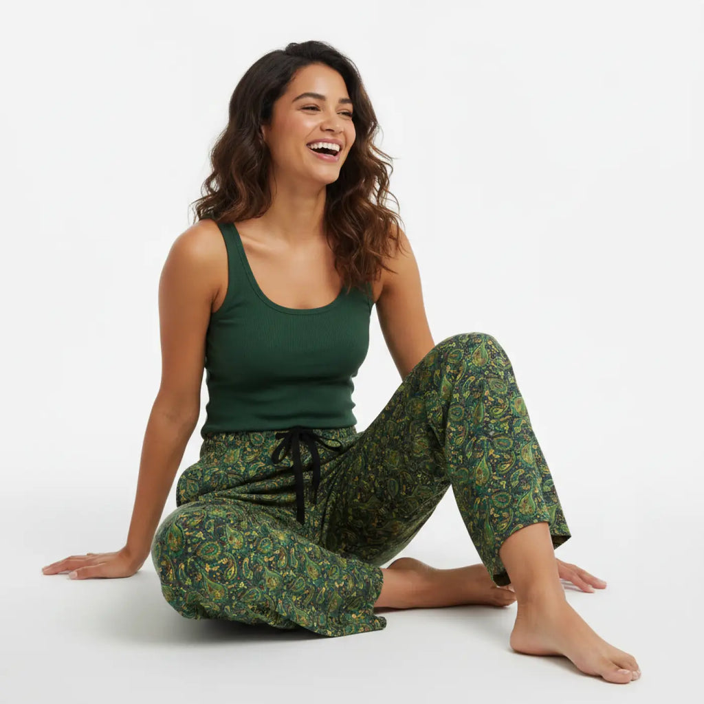 Cozy Womens Pajama Pants - Green Paisley Print - DipaliZ