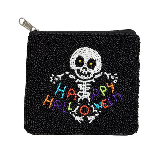 Happy Halloween Message Skull Seed Beaded Mini Pouch Bag