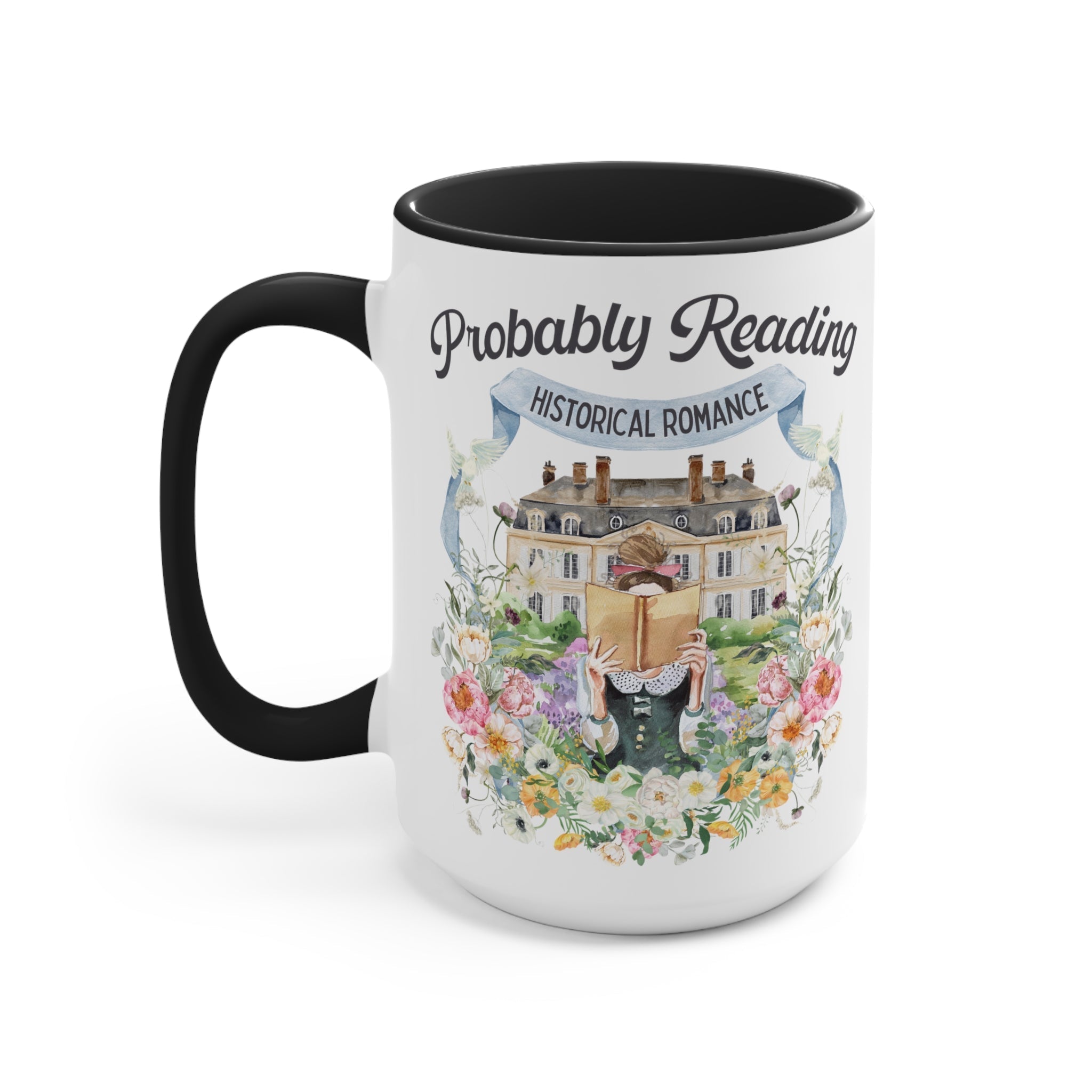 Historical Romance Coffee Mug: 15 Oz Bookish Mug with Cottagecore Flowers and Doves