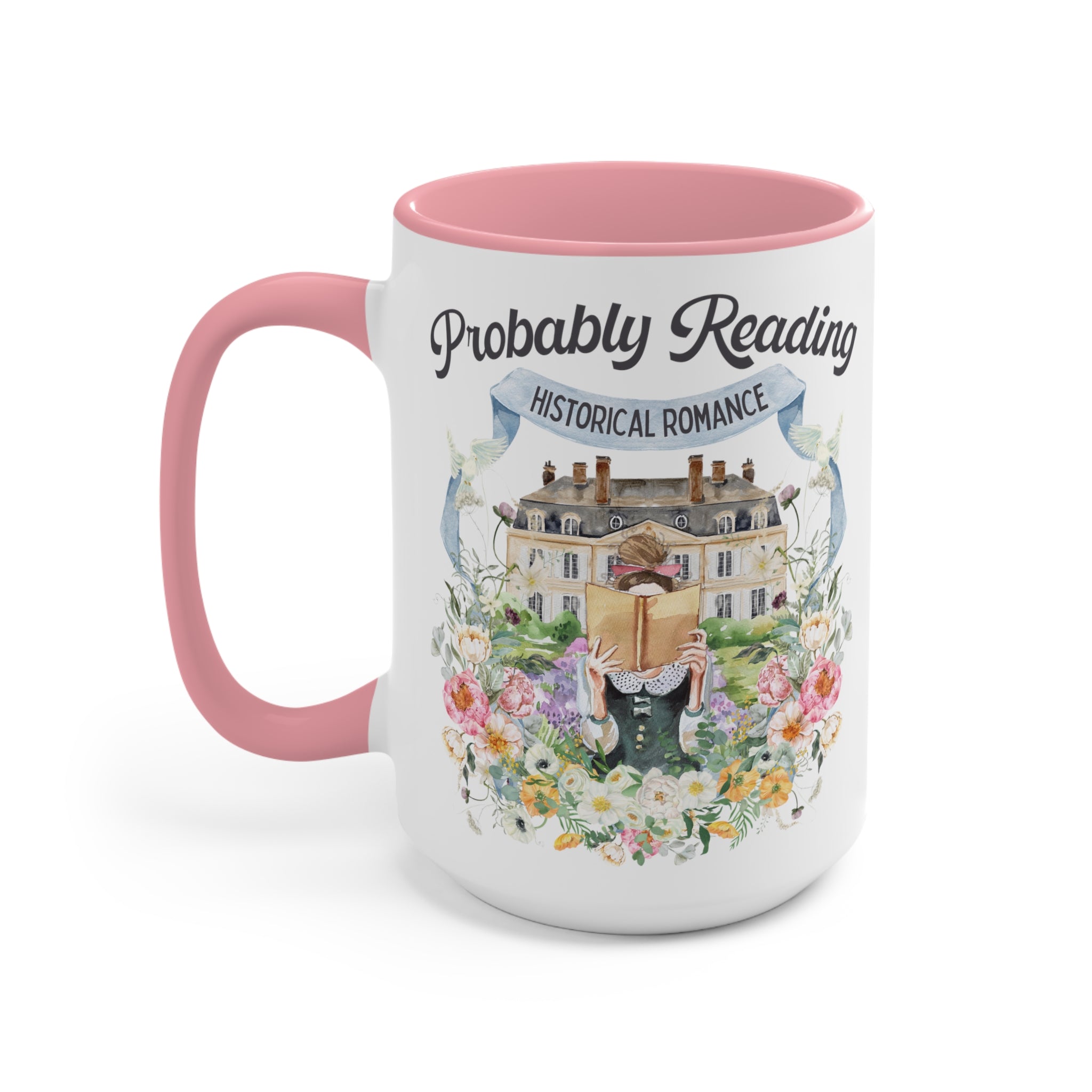 Historical Romance Coffee Mug: 15 Oz Bookish Mug with Cottagecore Flowers and Doves