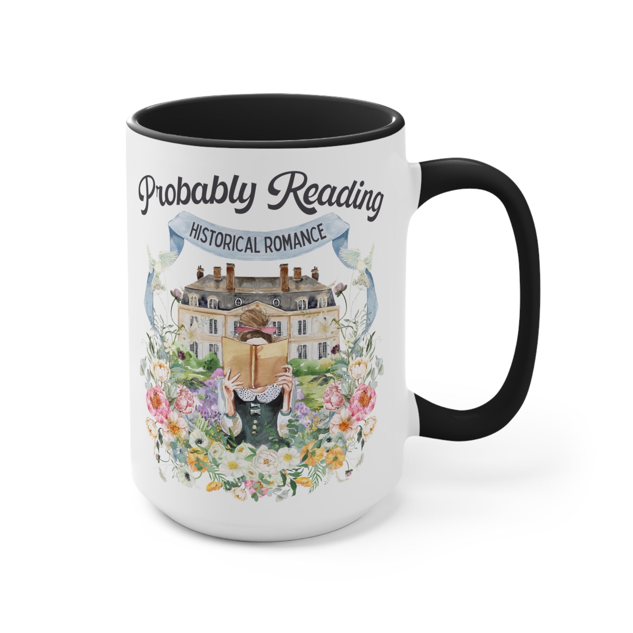 Historical Romance Coffee Mug: 15 Oz Bookish Mug with Cottagecore Flowers and Doves