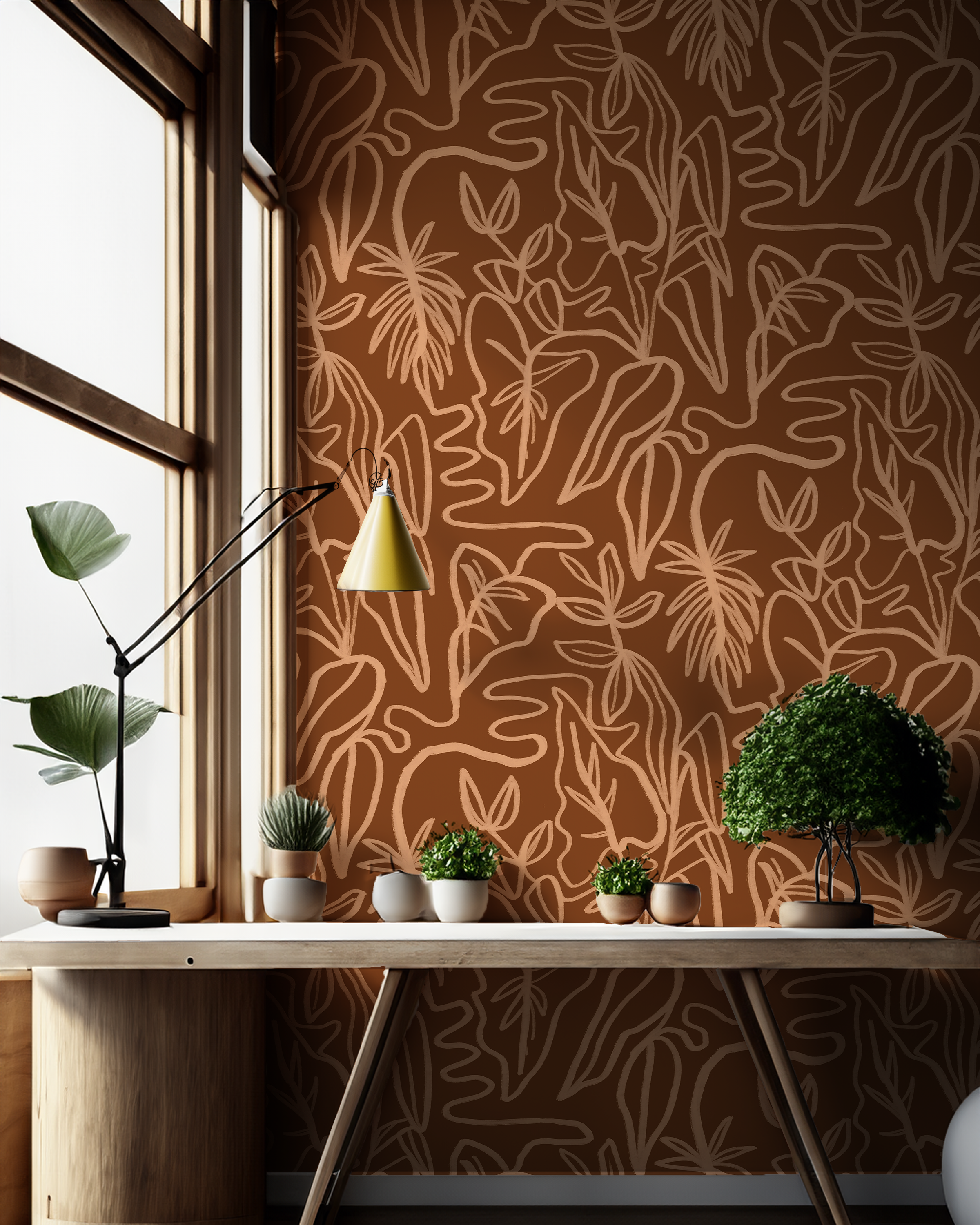 Inked Foliage Wallpaper, rust and peach