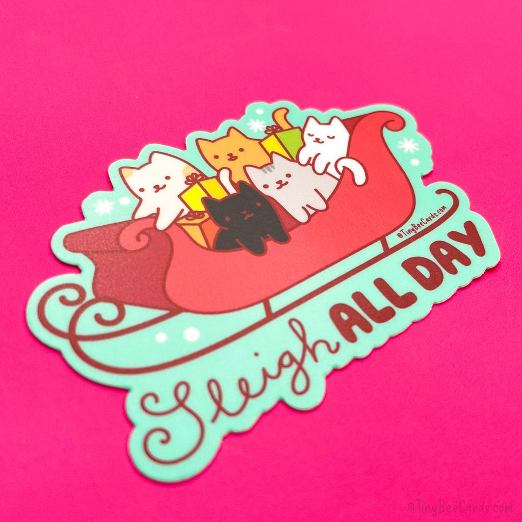 Christmas Cat Vinyl Sticker - Sleigh All Day