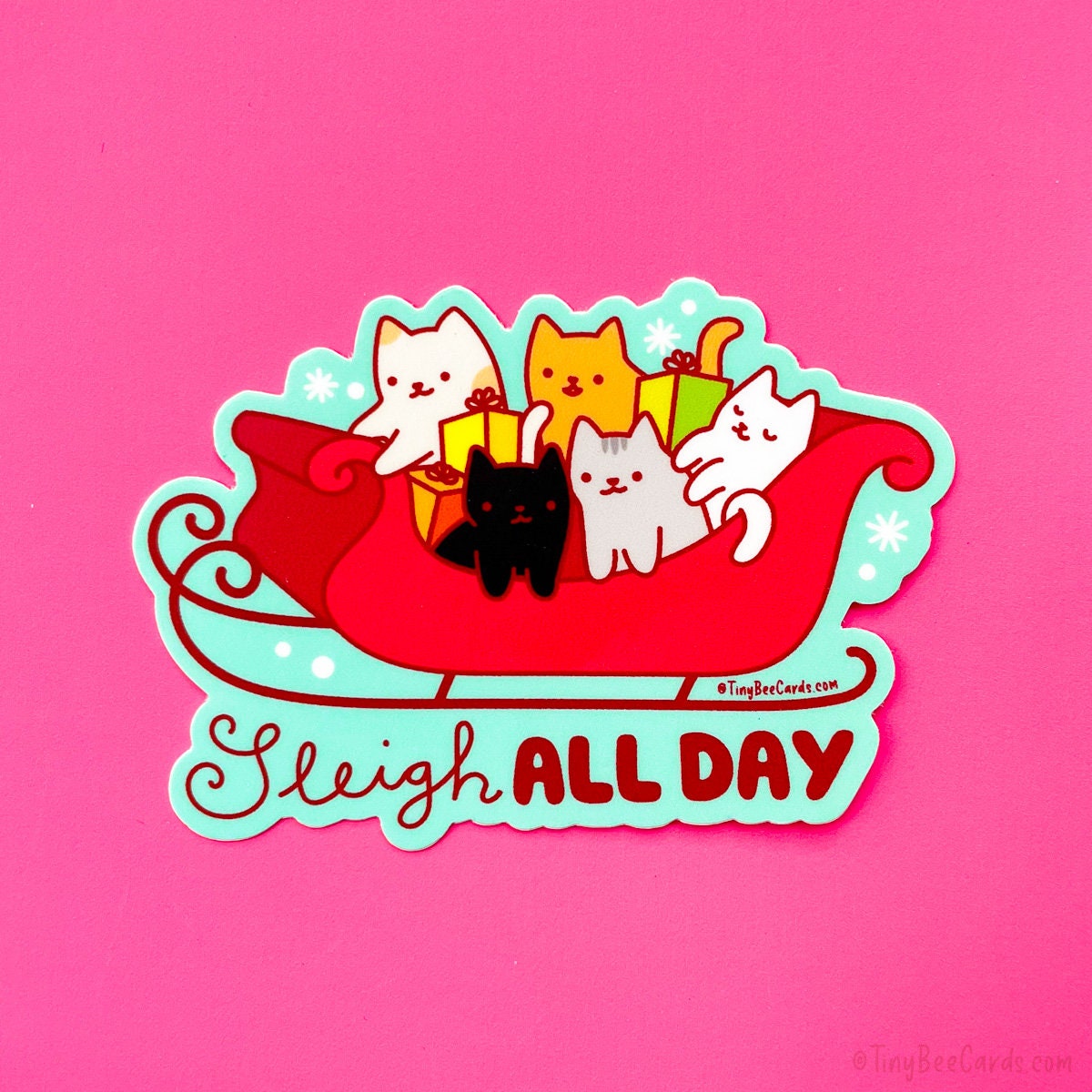 Christmas Cat Vinyl Sticker - Sleigh All Day
