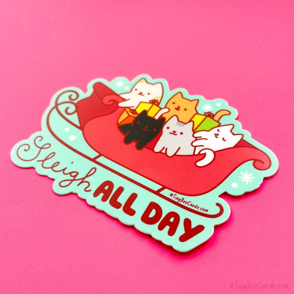 Christmas Cat Vinyl Sticker - Sleigh All Day