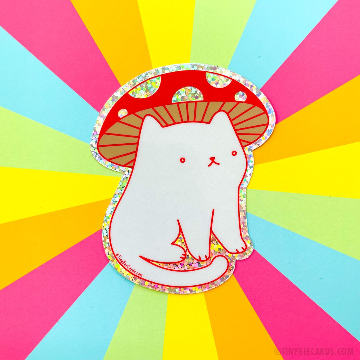Mushroom Cat Vinyl Sticker - Cute Glitter Cottagecore Fungi Decal