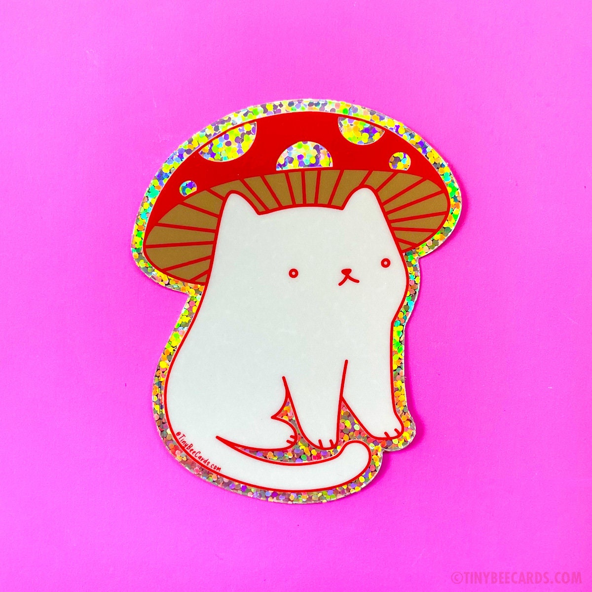 Mushroom Cat Vinyl Sticker - Cute Glitter Cottagecore Fungi Decal