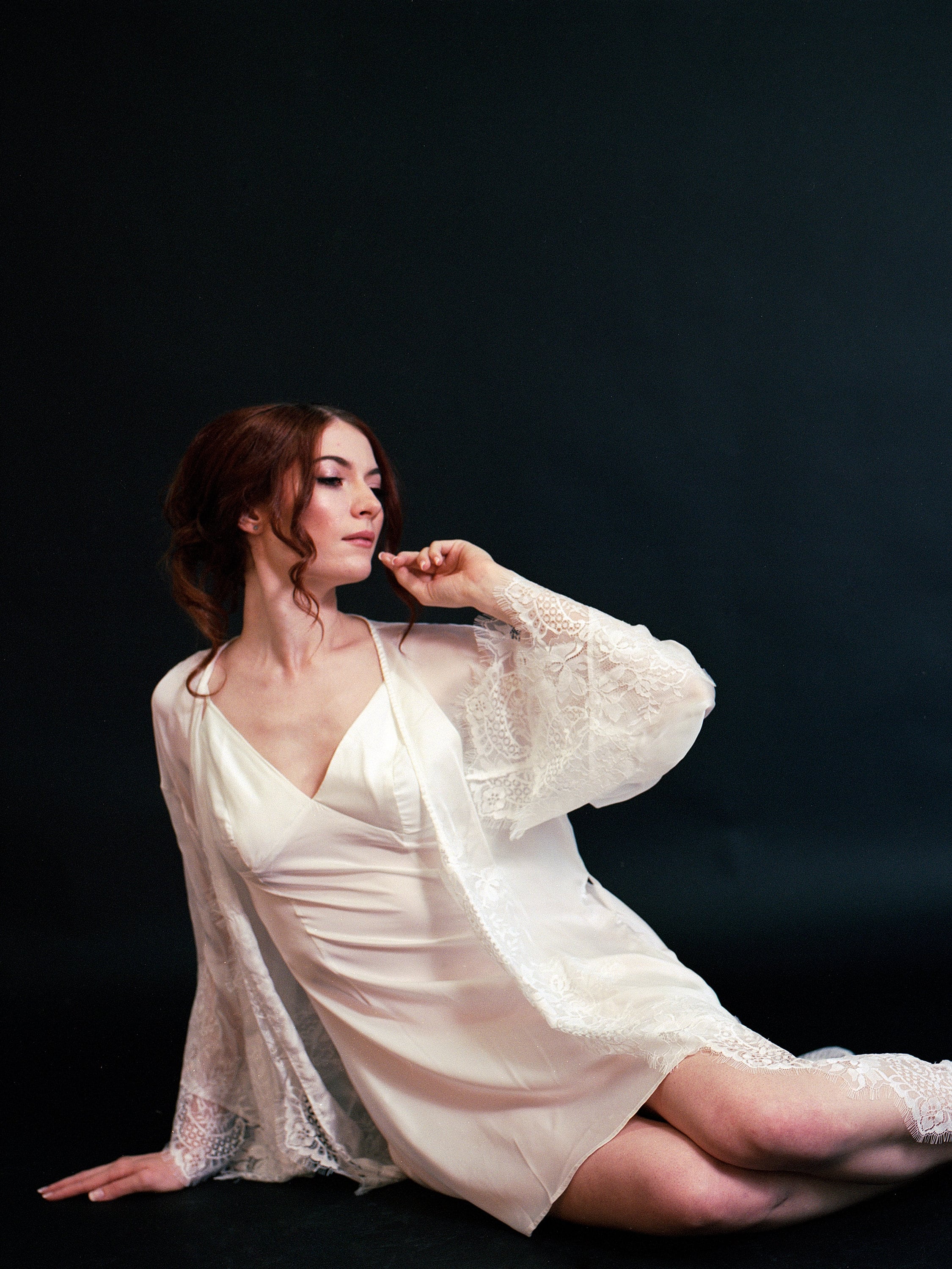 Silky Chiffon Trimmed Lace Long Lingerie Robe with Nightgown