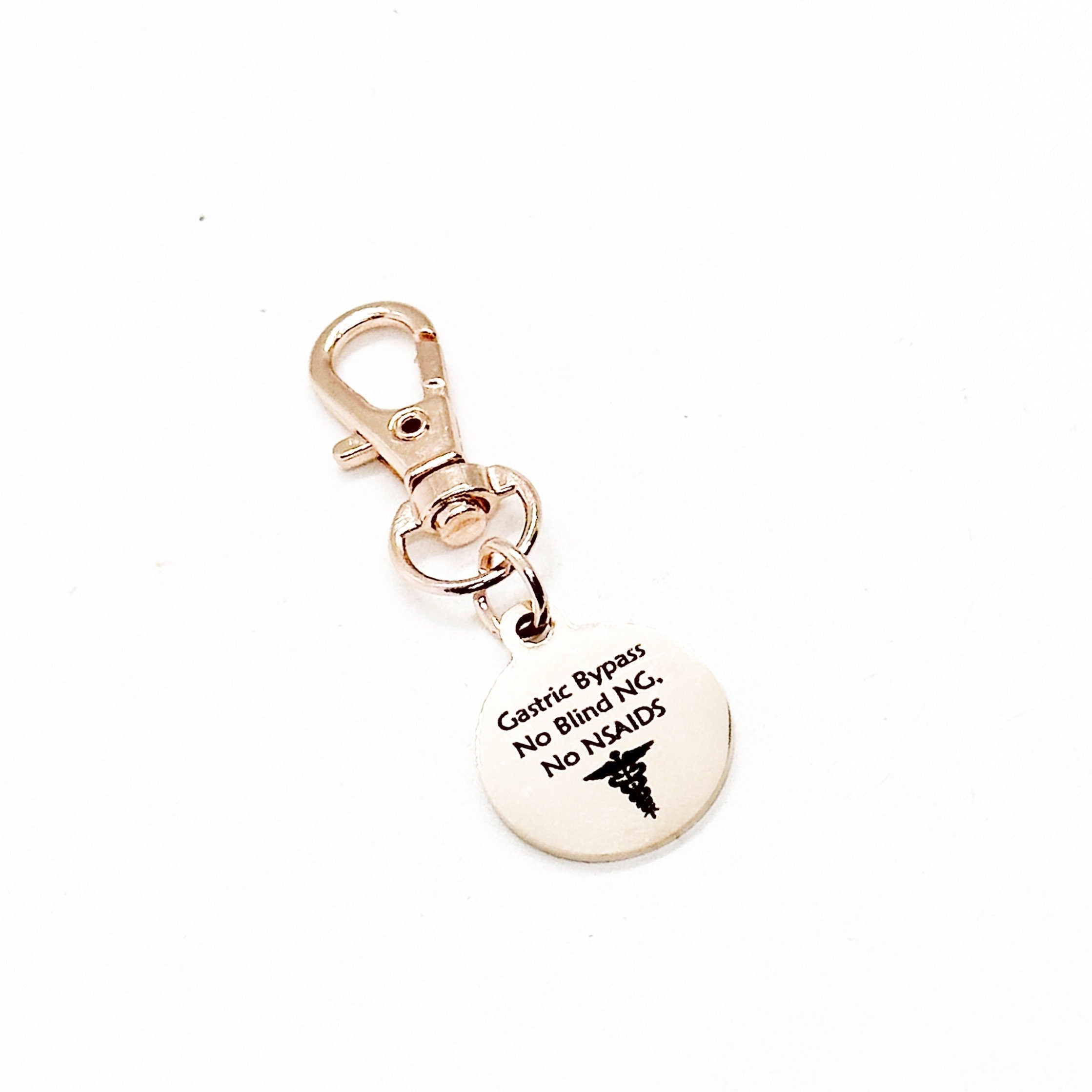 Gastric Bypass Rose Gold Zipper Pull, Gastric Bypass Medical ID Tag, No Blind NG, No NSAIDS, Medical Awareness Tag, Bag Charm, Purse Charm