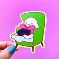 Cozy Ghost with Cat & Book Vinyl Sticker
